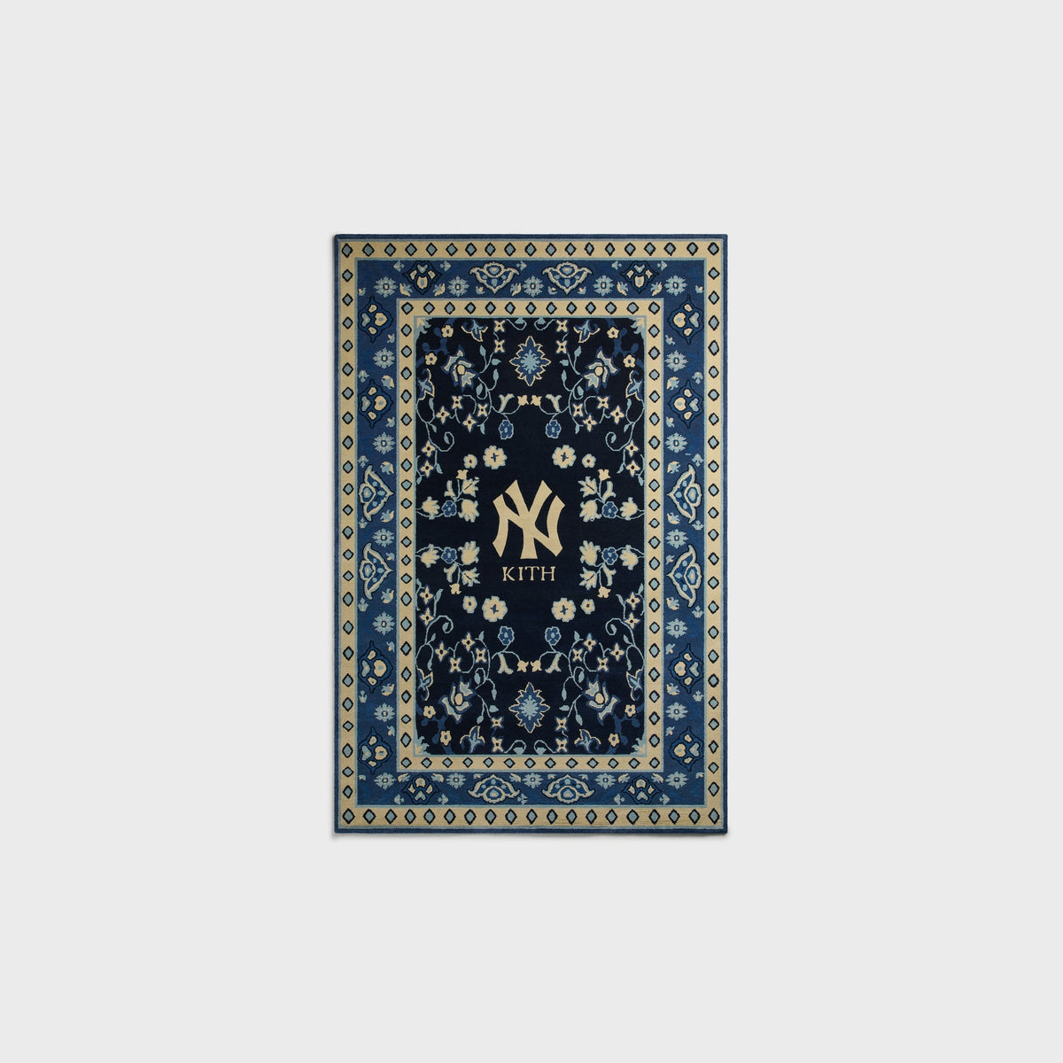 Kith & Kasra Rugs NY Yankees 3x5 hand-knotted rug in Nocturnal navy, front view with cream diamond border