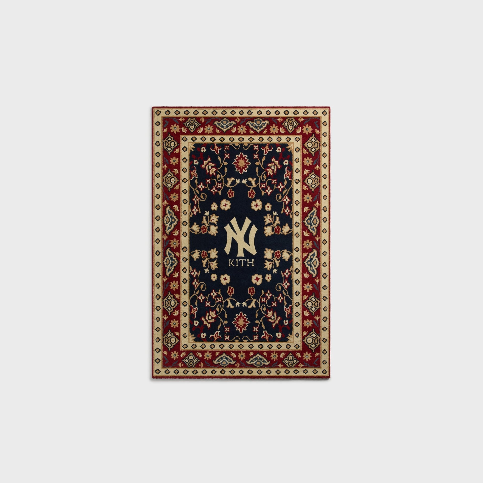 Kith x Kasra Rugs New York Yankees hand-knotted rug, front view with NY Kith medallion