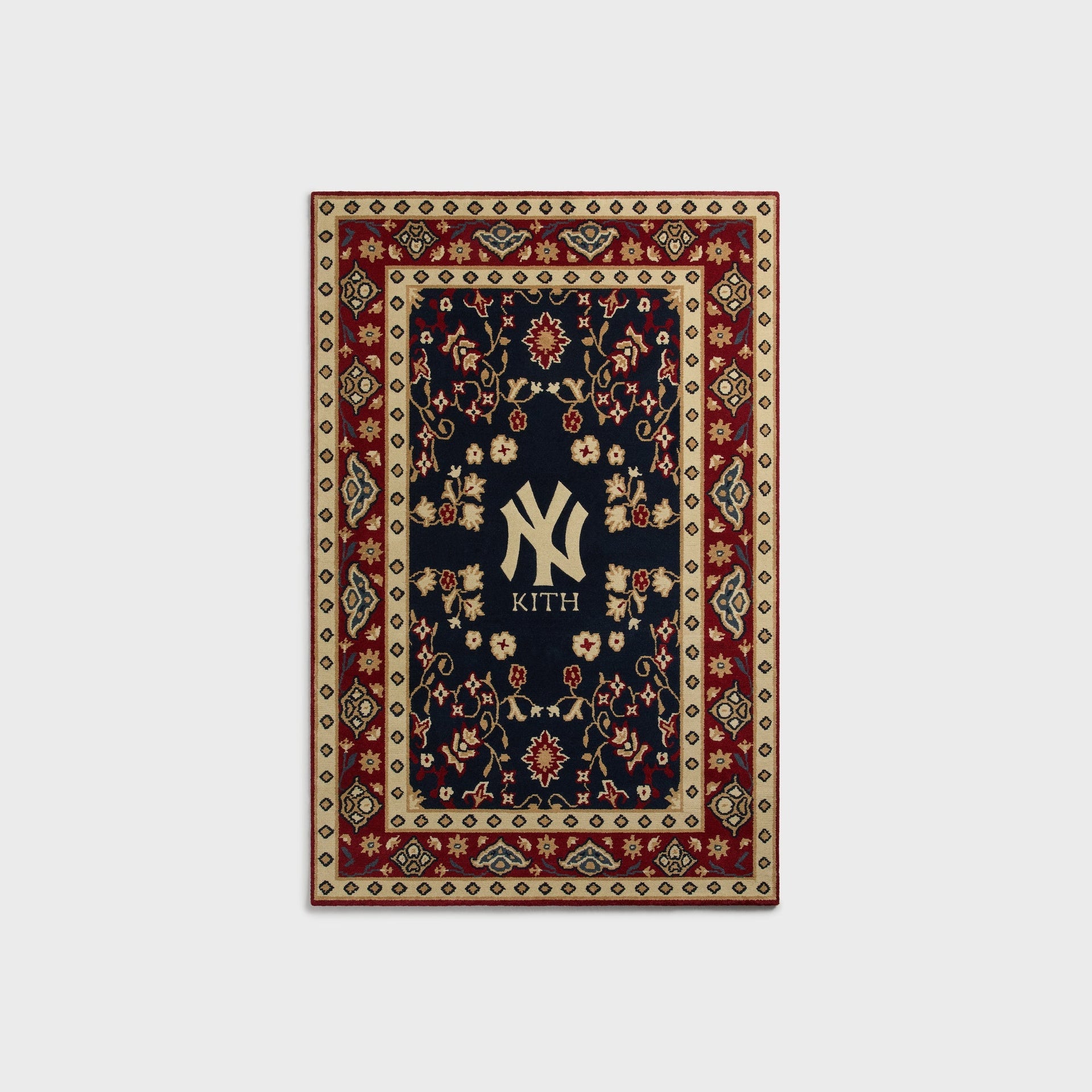 Kith & Kasra Rugs NY Yankees 4x6 hand-knotted rug in Multi navy/red, front view with tan diamond border