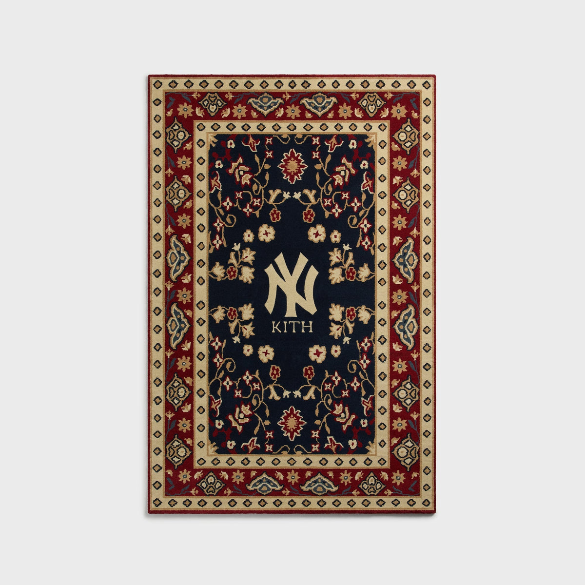 Kith & Kasra Rugs NY Yankees 5x8 hand-knotted rug in Multi navy/red, front view with tan diamond border