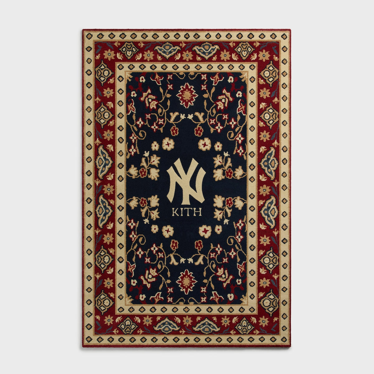 Kith & Kasra Rugs NY Yankees 8x10 hand-knotted rug in Multi navy/red, front view with tan diamond border