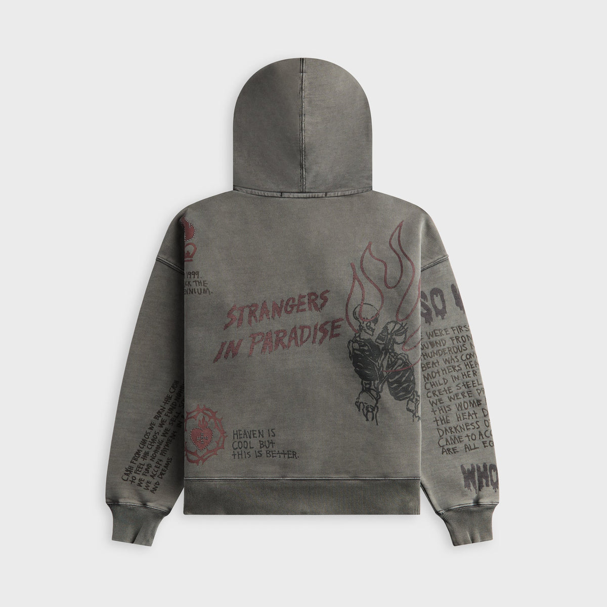 Ksubi Skool Halen charcoal fade zip hoodie with Strangers in Paradise skeleton and flame graphic on back