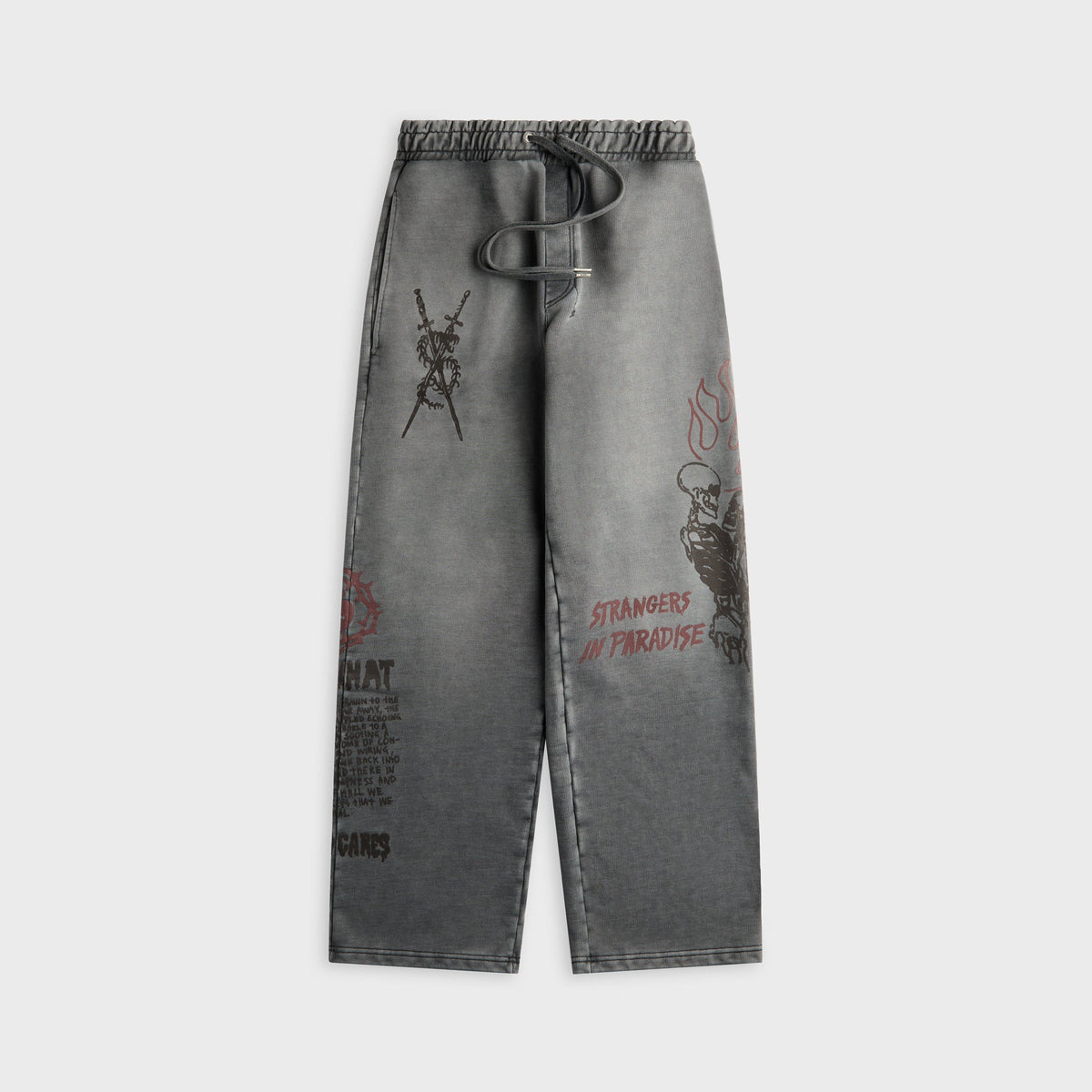 Ksubi Skool Tunnel Trak charcoal fade sweatpant with crossed swords and skeleton flame graphic, front flat lay