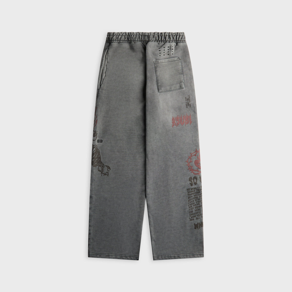 Ksubi Skool Tunnel Trak charcoal fade sweatpant with back pocket and Ksubi flame graphic, back flat lay
