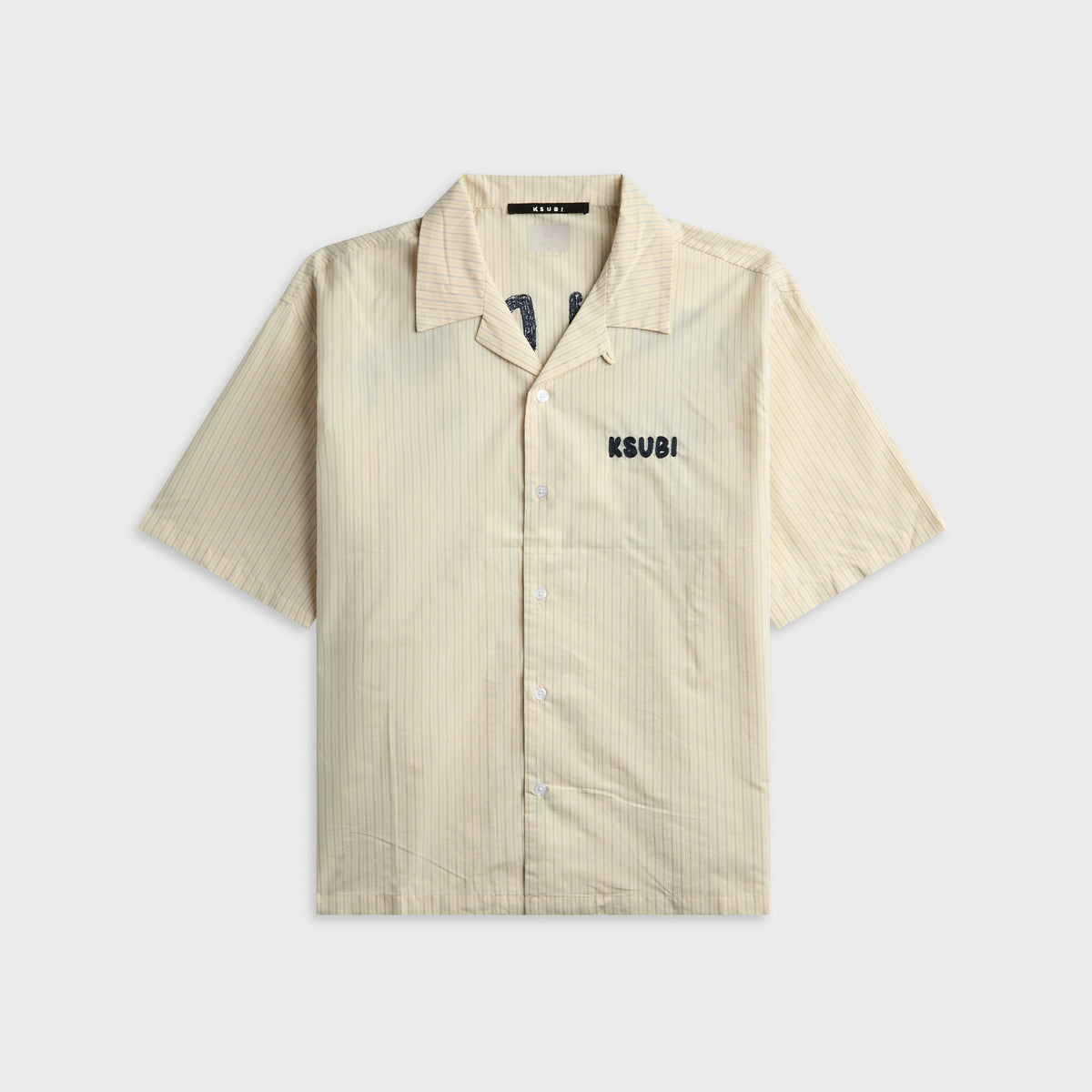 Ksubi Royalty Diner cream pinstripe short sleeve shirt with embroidered Ksubi chest logo, front flat lay