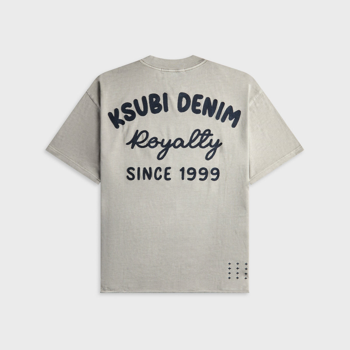 Ksubi Mechanic Ekcess grey short sleeve tee with Ksubi Denim Royalty Since 1999 embroidered back graphic