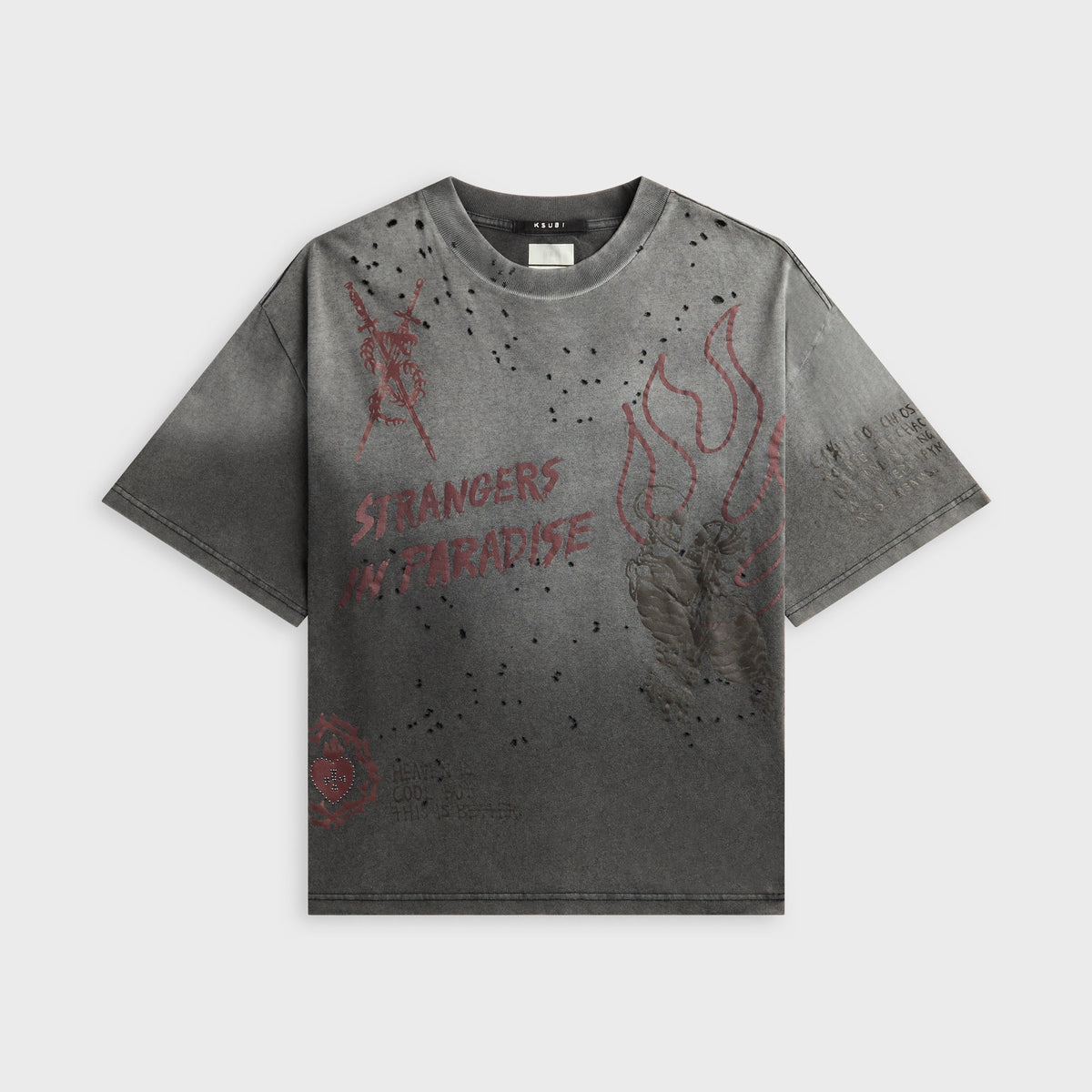 Ksubi Skool Halen charcoal fade tee with distressed holes and Strangers in Paradise flame graphic, front view