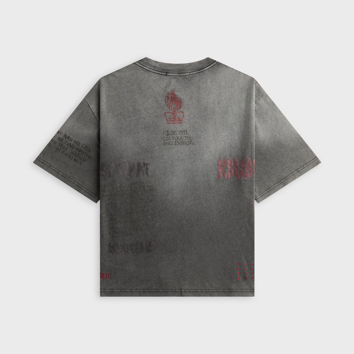 Ksubi Skool Halen charcoal fade tee with crown and flame crystal graphic on back