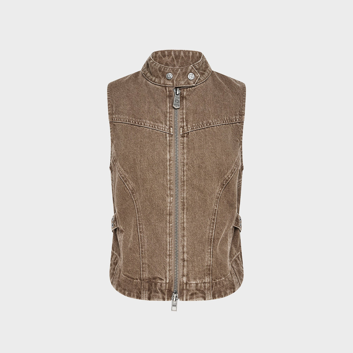 Ksubi Paradigm Gilet Rider Top in Brown, brown washed denim zip-up vest, front view