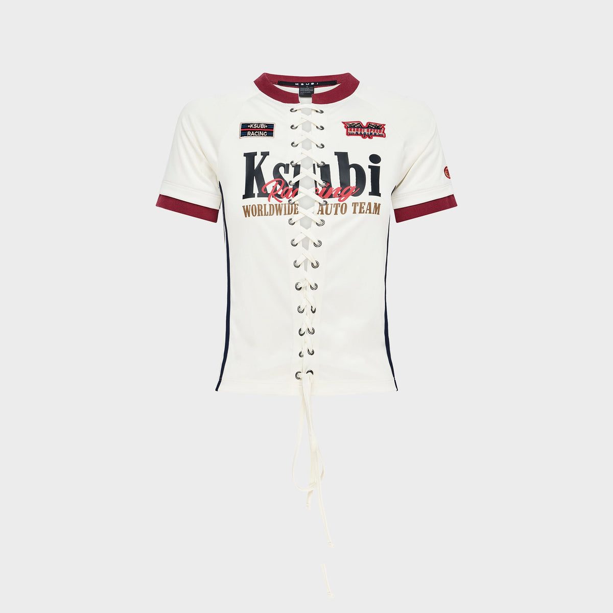Ksubi Raceway Shrunken Jersey Top in Off White, cream lace-up racing jersey with red and navy graphics