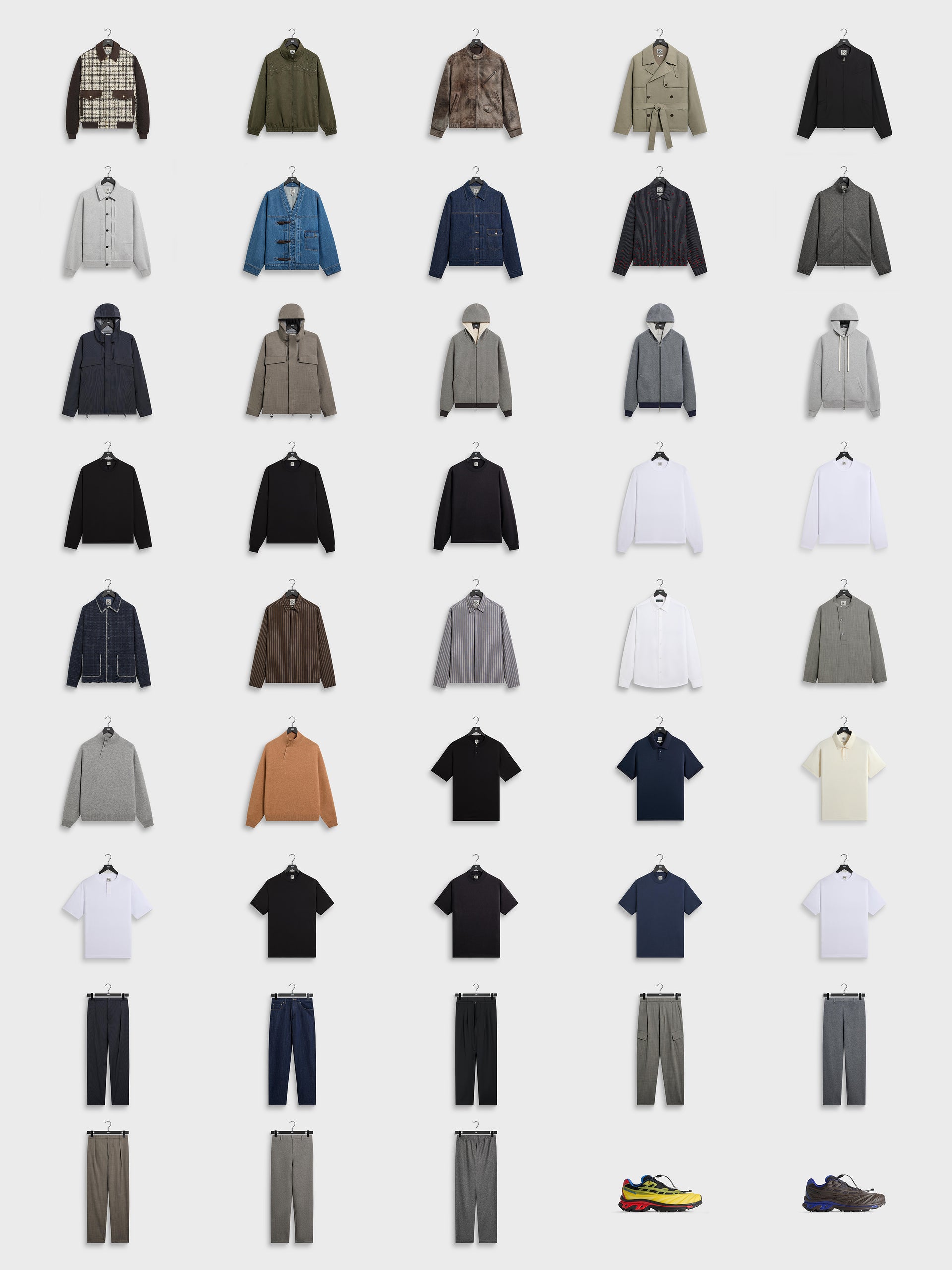 Kith Men's Fall 2026 collection grid: jackets, hoodies, shirts, polos, tees, tailored trousers and two trail sneakers on hangers