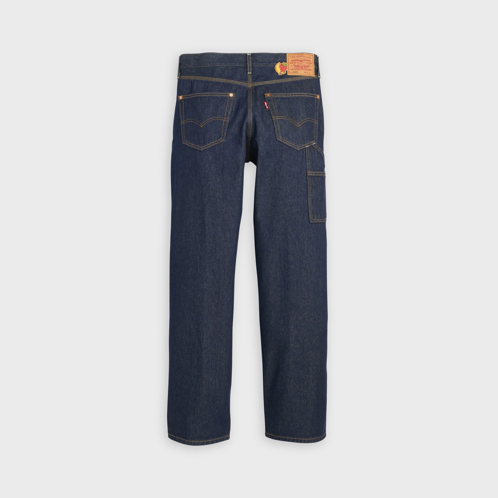 Back view of Levi's x Sky High Farm mid-indigo loose jeans with arcuate stitching, carpenter side loop and red Levi's tab