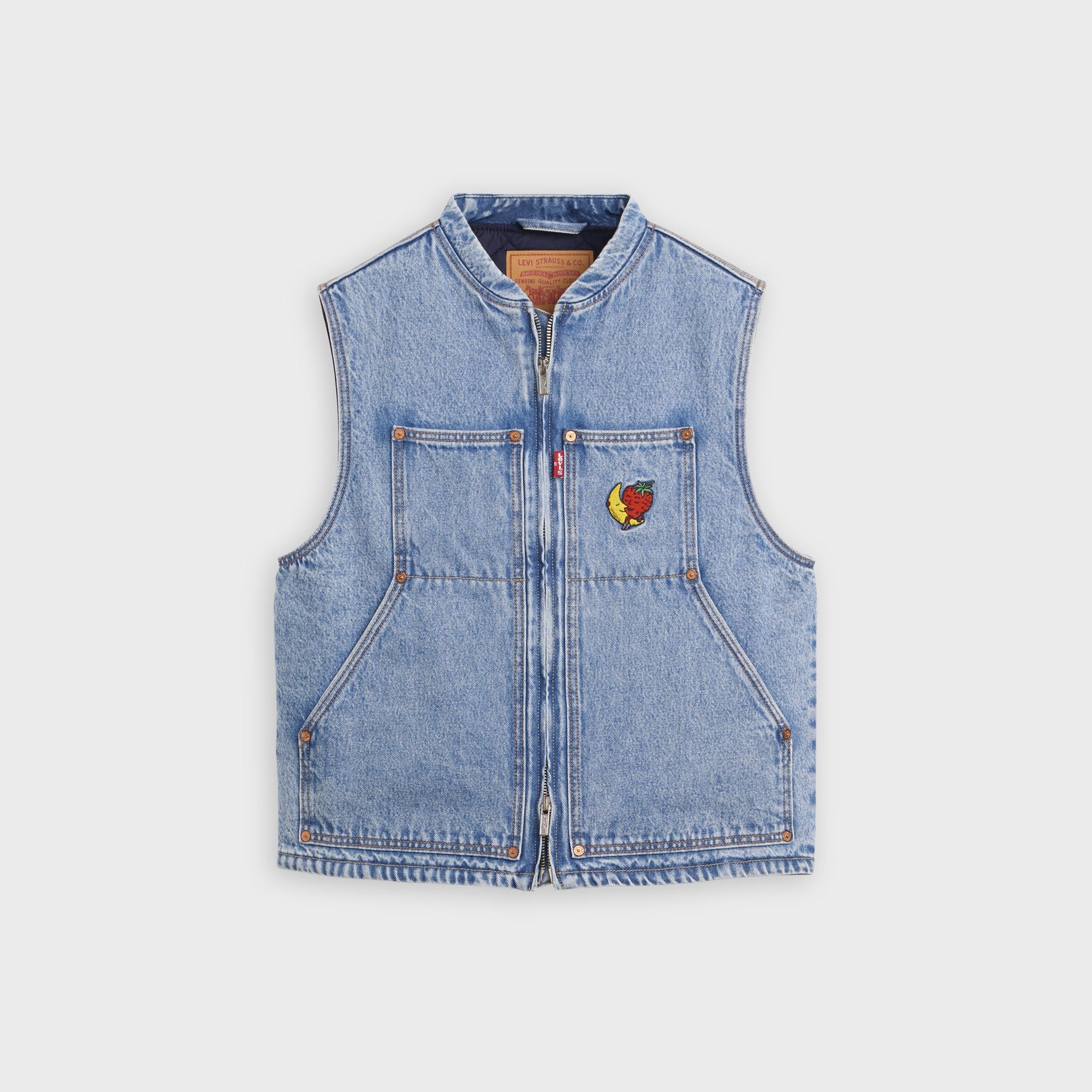 Levi's x Sky High Farm Goods light-wash denim zip-front vest, front view with patch pockets and embroidered fruit mascot on chest