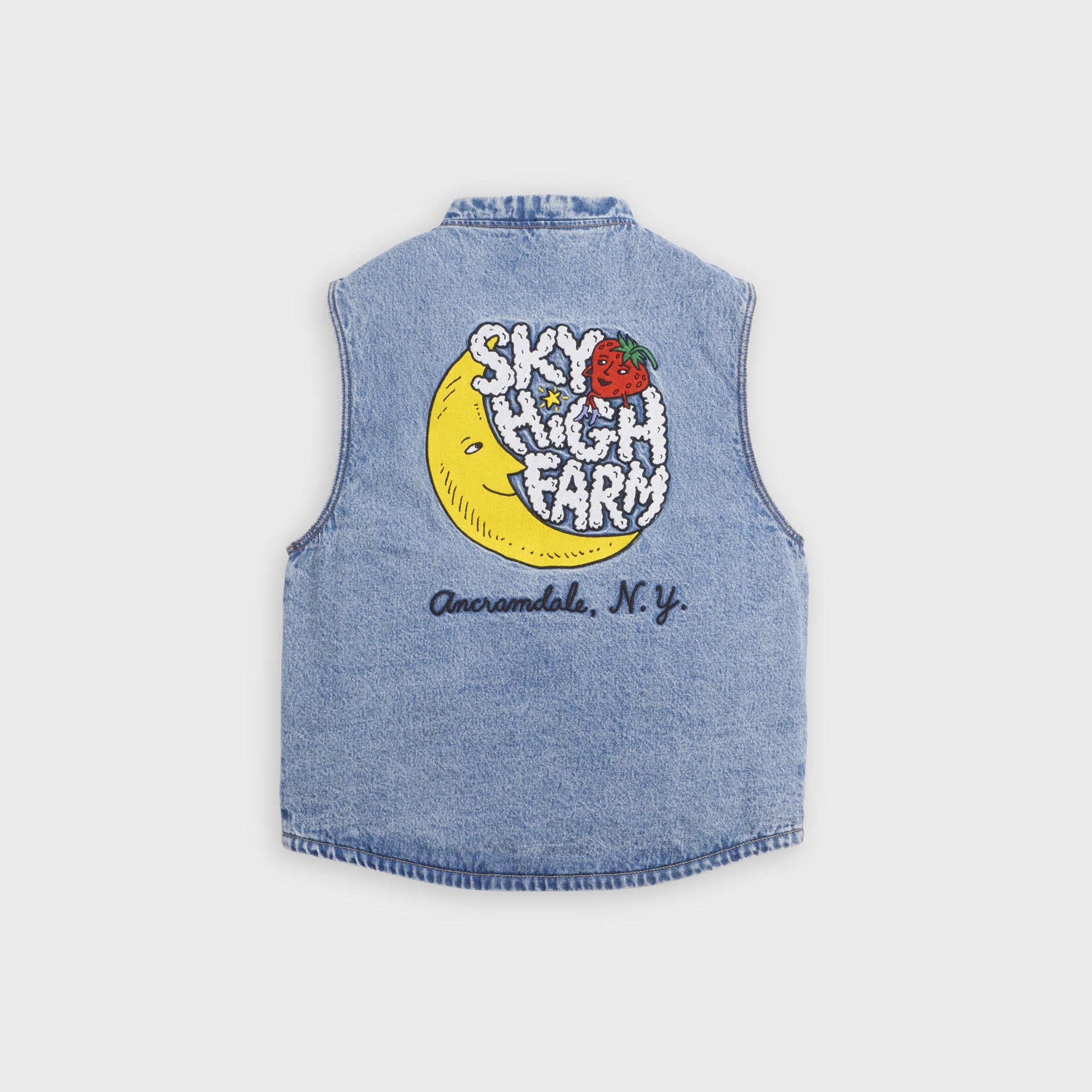 Back of Levi's x Sky High Farm denim vest with large printed smiling moon, strawberry and 'Sky High Farm, Ancramdale N.Y.' graphic