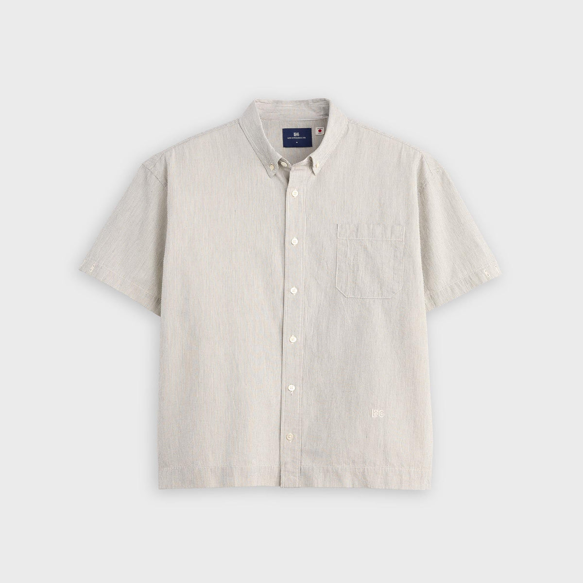 Levi's Blue Tab Boxy Short-Sleeve Shirt in grey stripe, front view with button-down collar and chest pocket