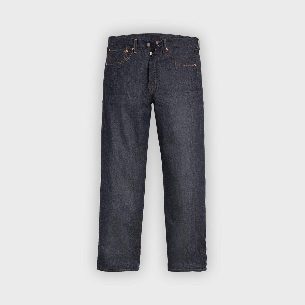 Levi's 1955 501 Original Selvedge Jean in dark indigo, front view with button fly and straight leg