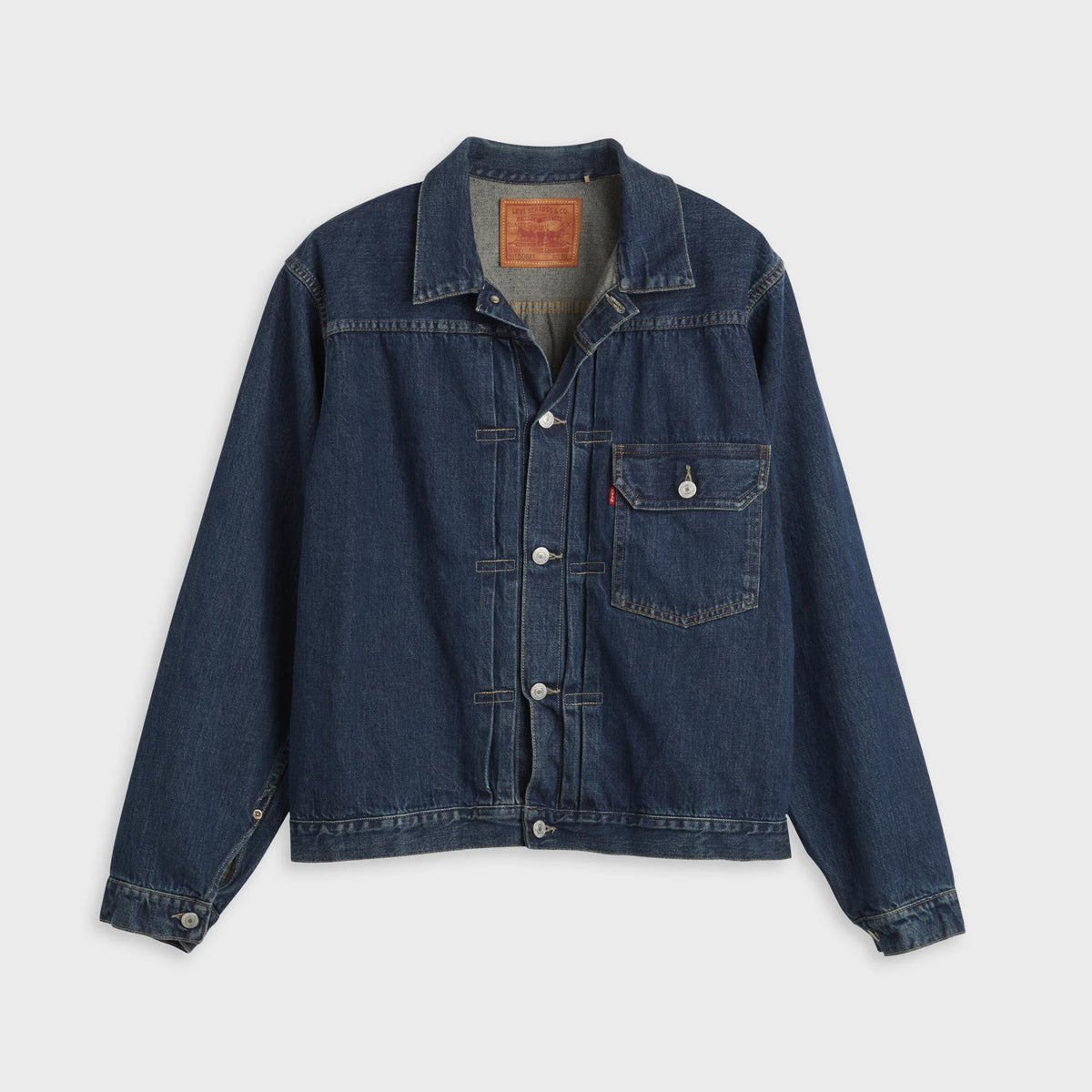 Levi's Vintage Clothing 1936 Type I Denim Trucker Jacket in Malone medium wash, front view with chest pocket and pleats
