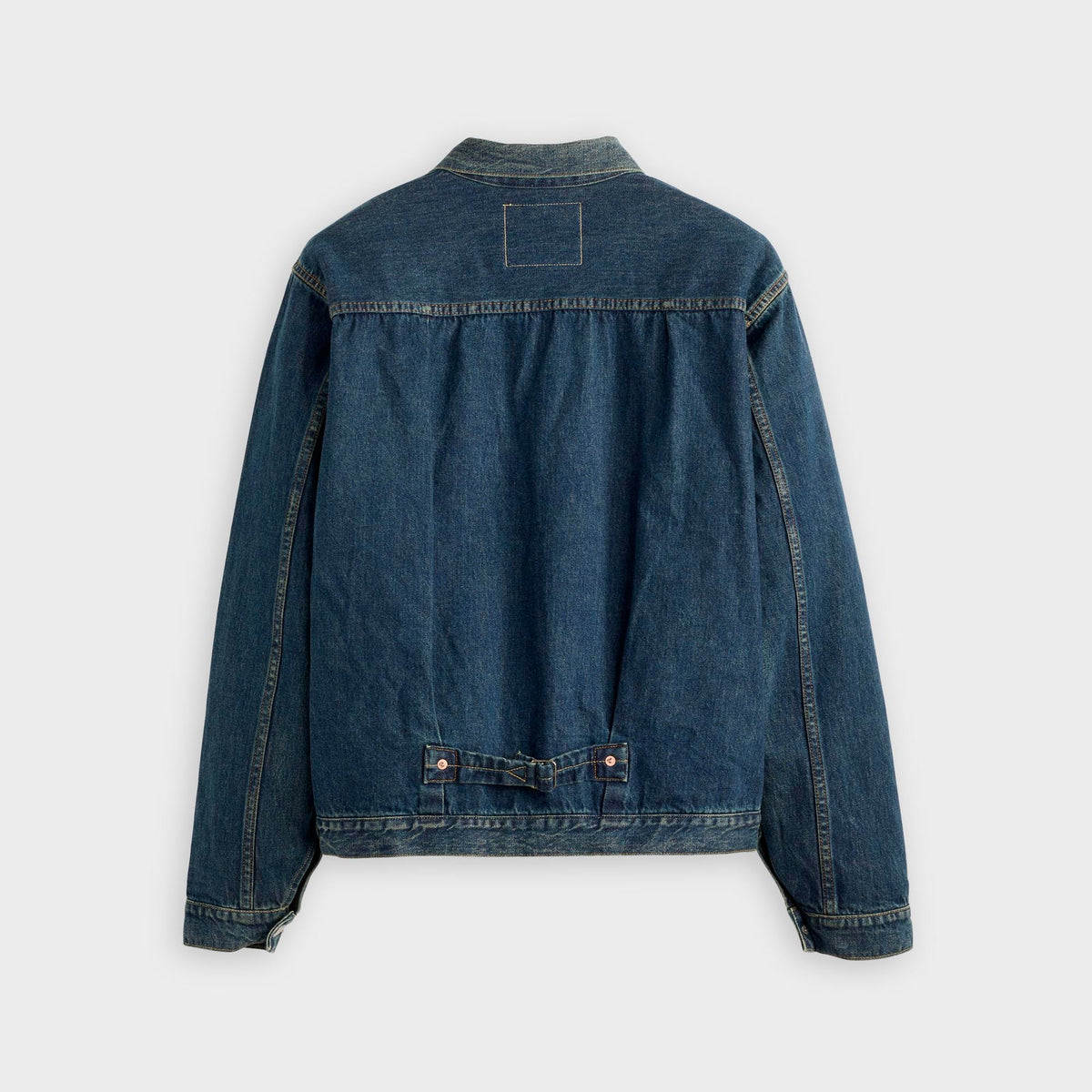 Levi's Vintage Clothing 1936 Type I Denim Trucker Jacket in Malone medium wash, back view with cinch strap