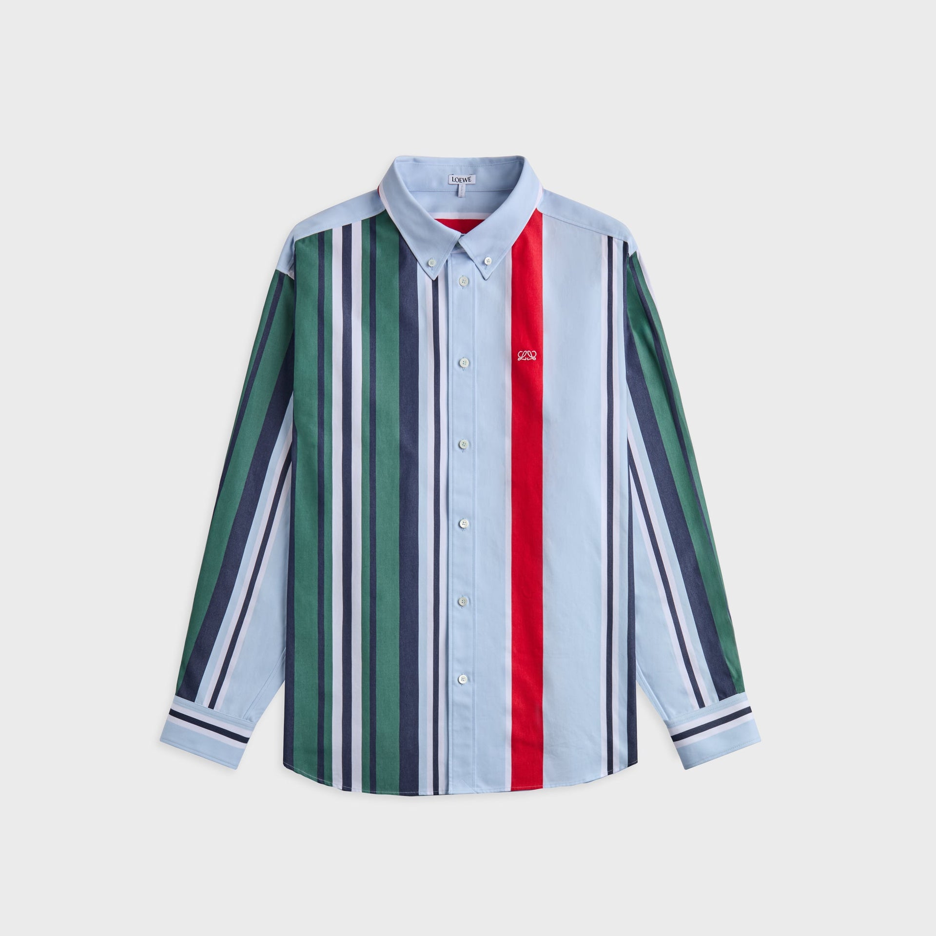 Loewe cotton shirt, front view in light blue with green, navy and red stripe panels and red chest Anagram