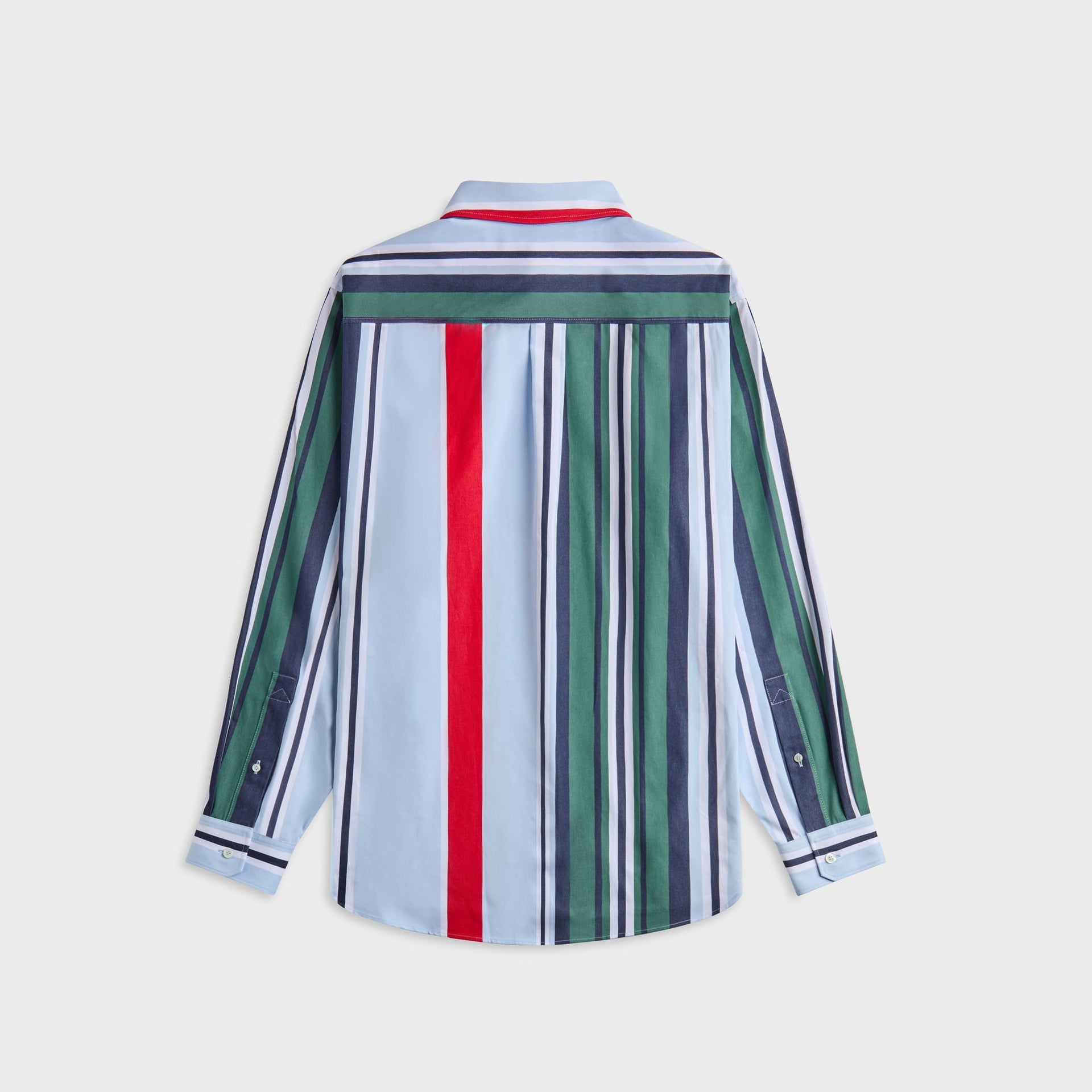 Loewe striped cotton shirt, back view with green yoke and bold red center stripe on light blue