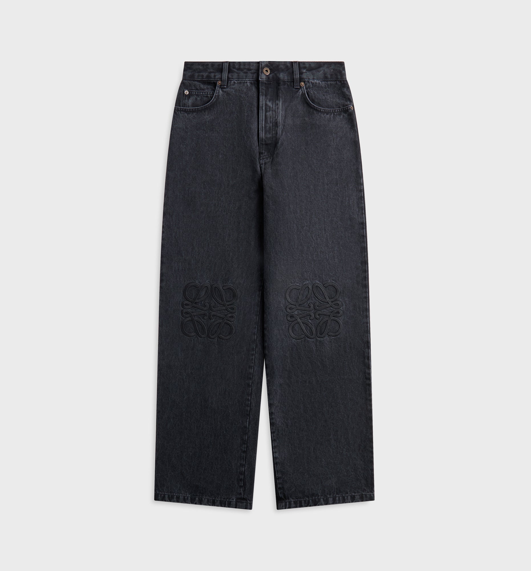 Loewe Anagram baggy jeans, black washed denim, front, wide leg, tonal Anagram appliqués on knees