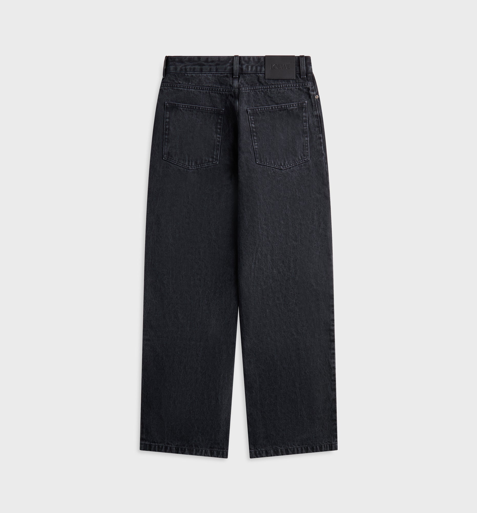 Loewe Anagram baggy jeans, black denim, back view, five-pocket, Loewe leather patch at waistband