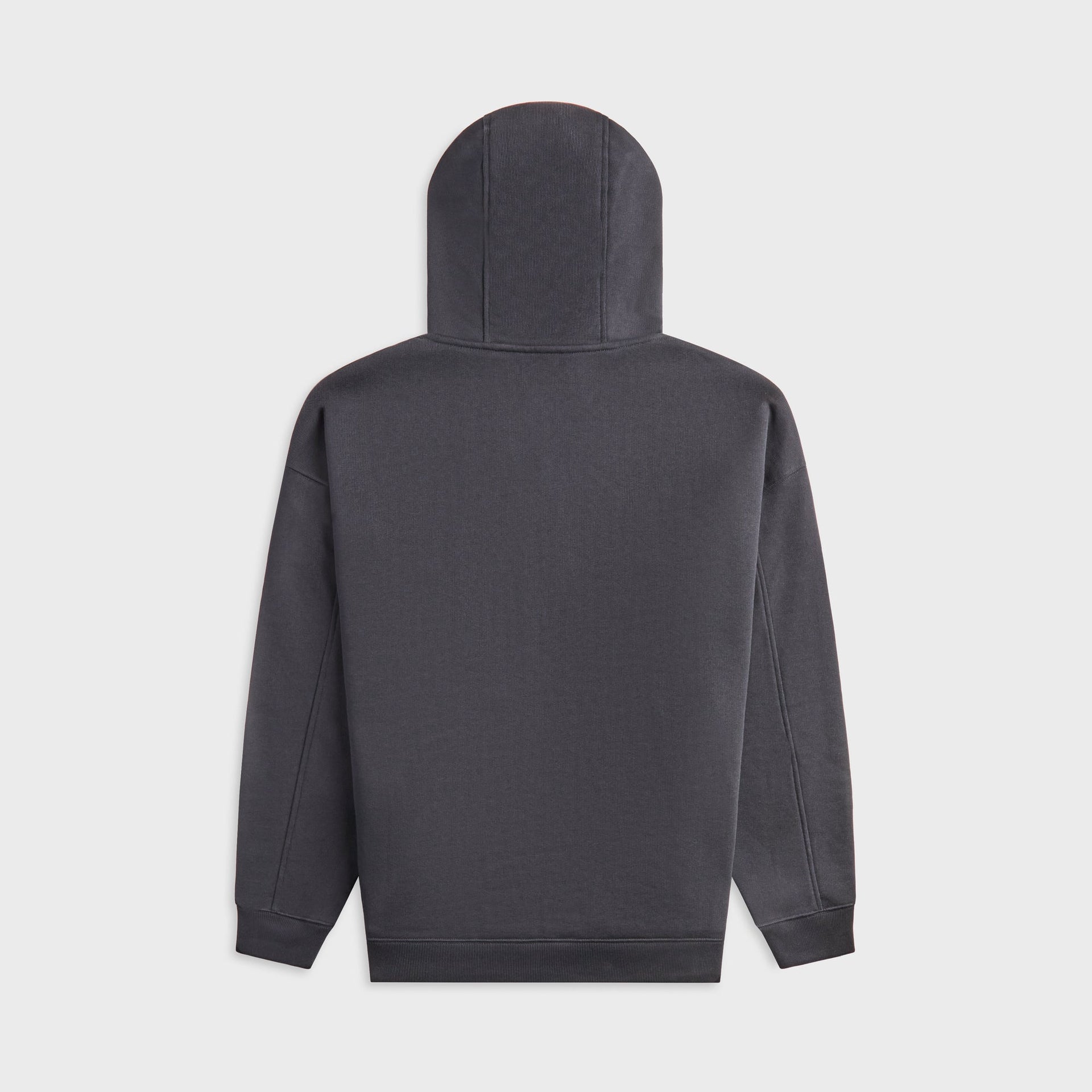 Loewe washed black zip-up hoodie, back view showing raised hood and dropped shoulders
