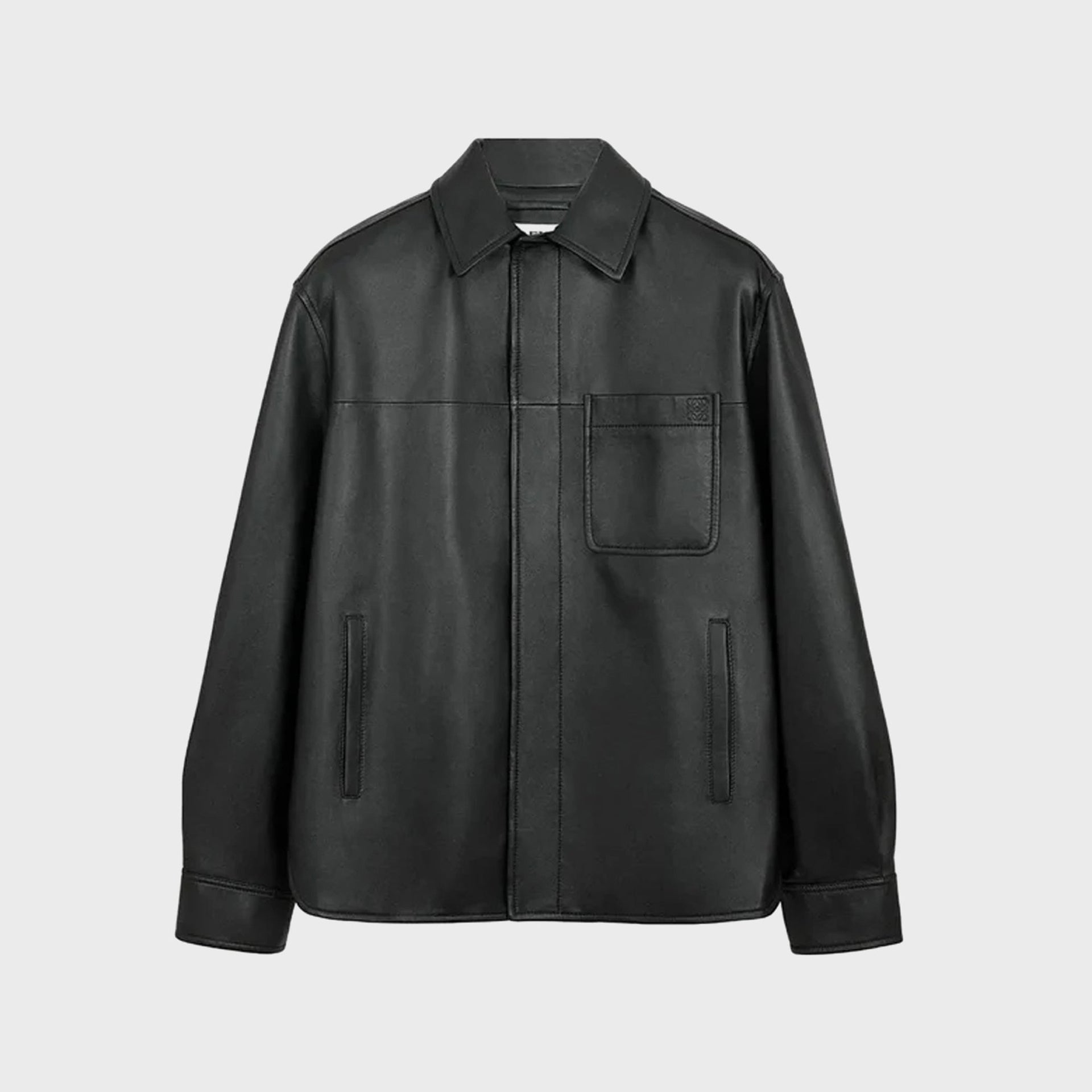 Loewe nappa lambskin overshirt in black, front view with chest patch pocket, embossed Anagram and welt pockets