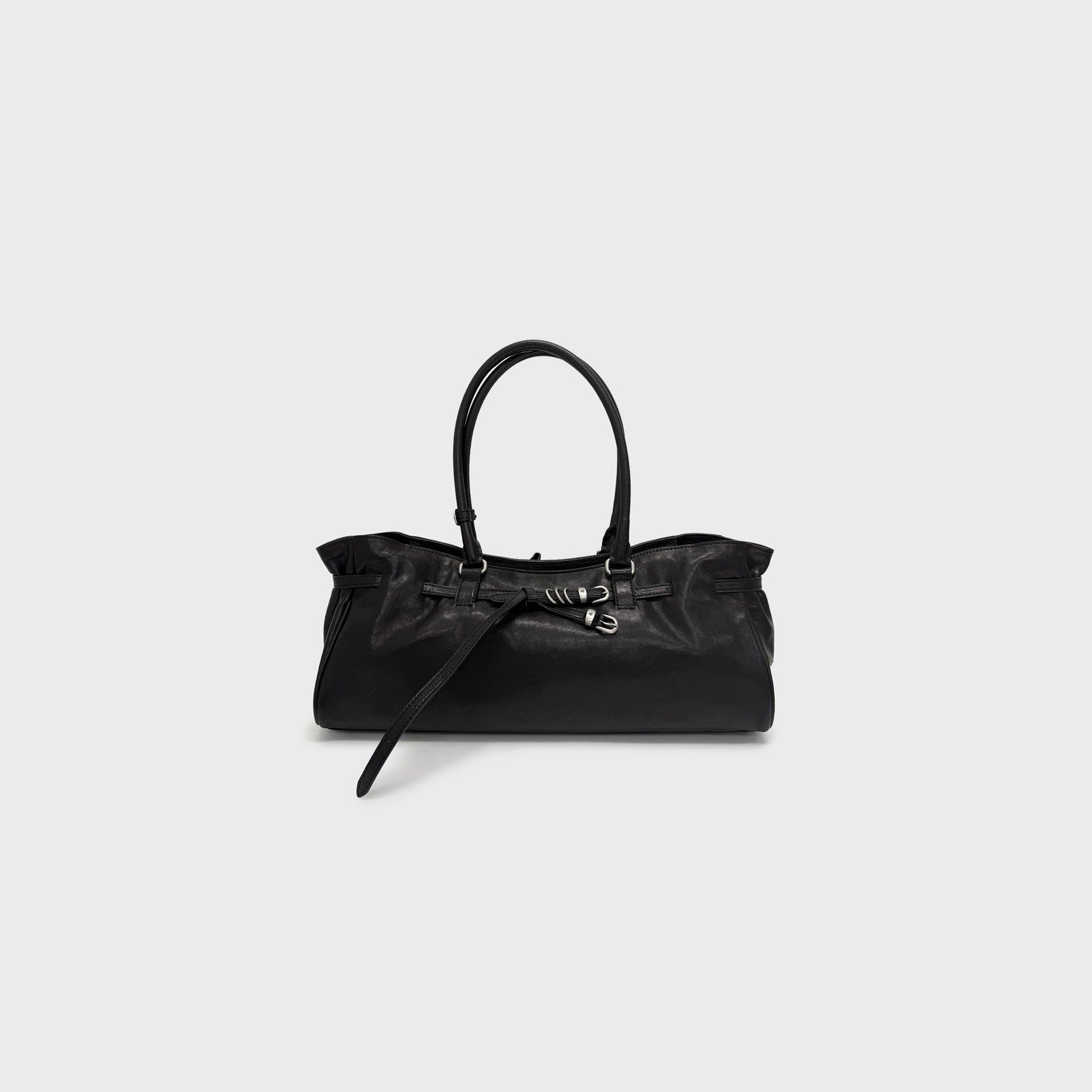 MARGESHERWOOD soft Grandma shoulder bag in black pull-up leather, front view with buckled belt drawstring