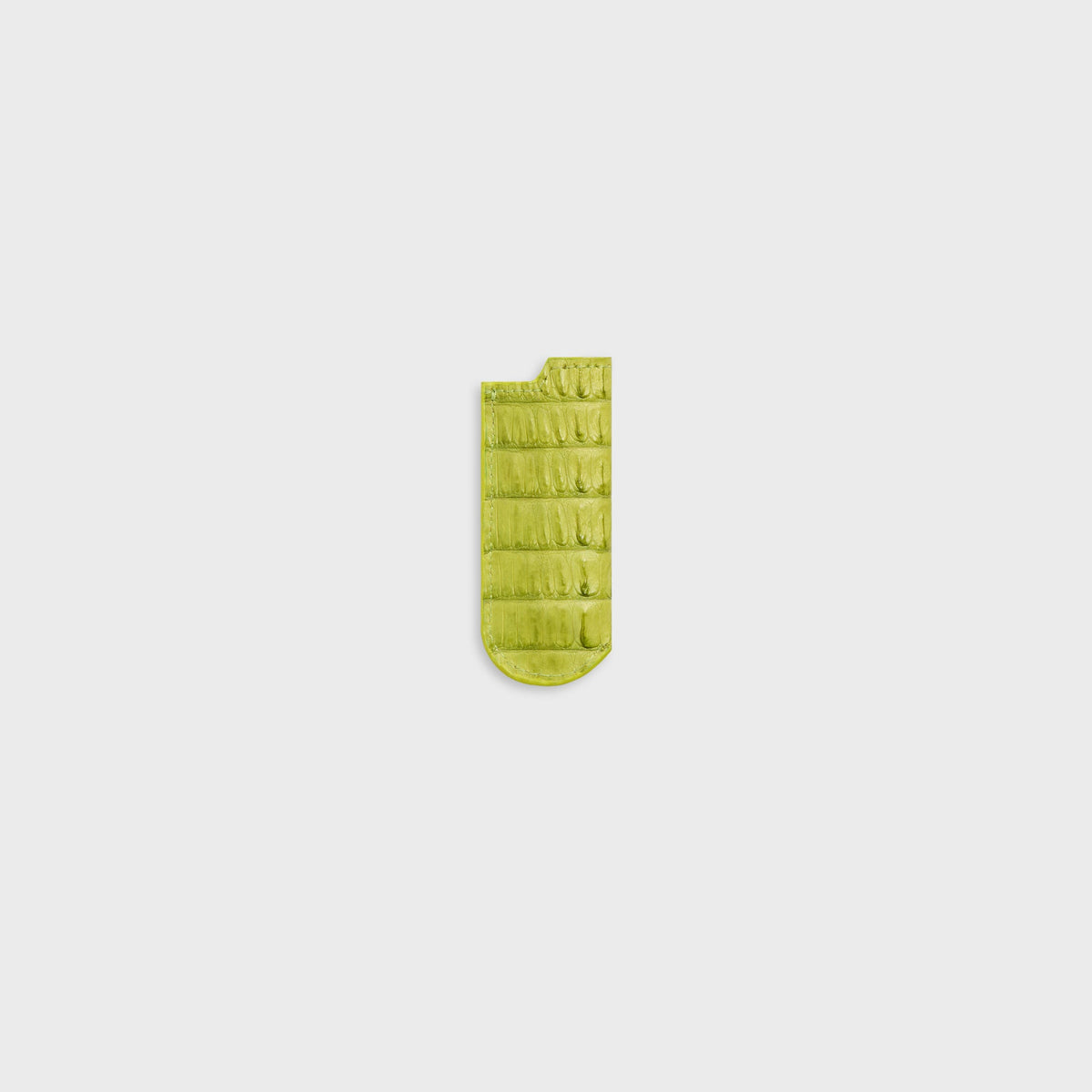 Malagon croc lighter cover in lime green, front view with horizontal-ribbed bright chartreuse leather
