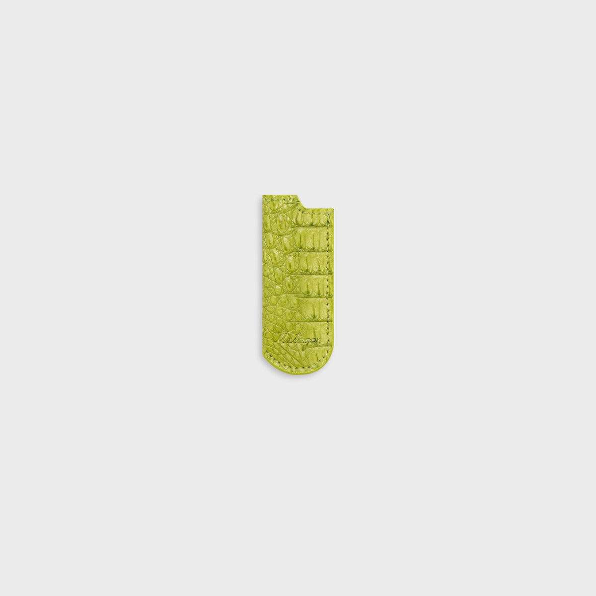 Malagon croc lighter cover in lime green, fine croc scales and Malagon stamp