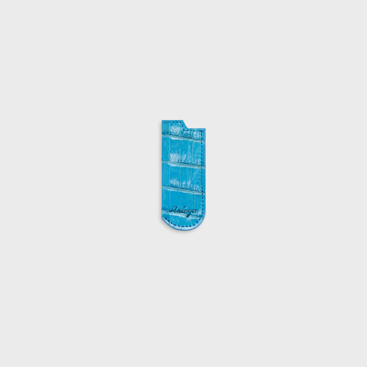 Malagon croc-embossed lighter cover in baby blue, front view of horizontal-ribbed leather sleeve