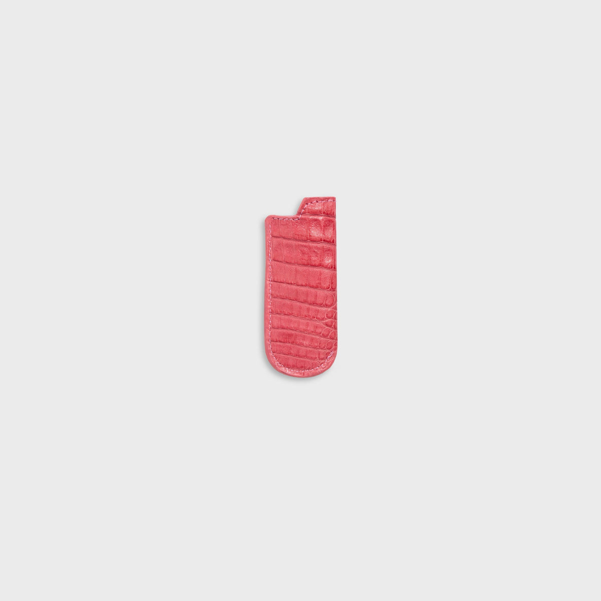 Malagon croc lighter cover in pink, front view with horizontal croc ribs and cutout top