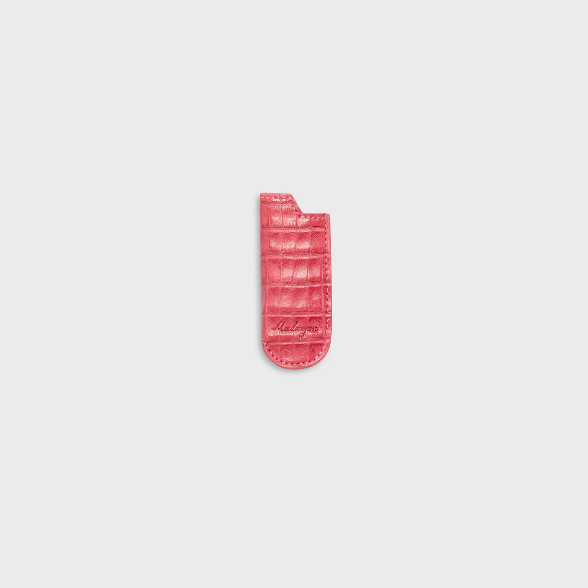 Malagon croc lighter cover in pink, coral pink scales and Malagon stamp