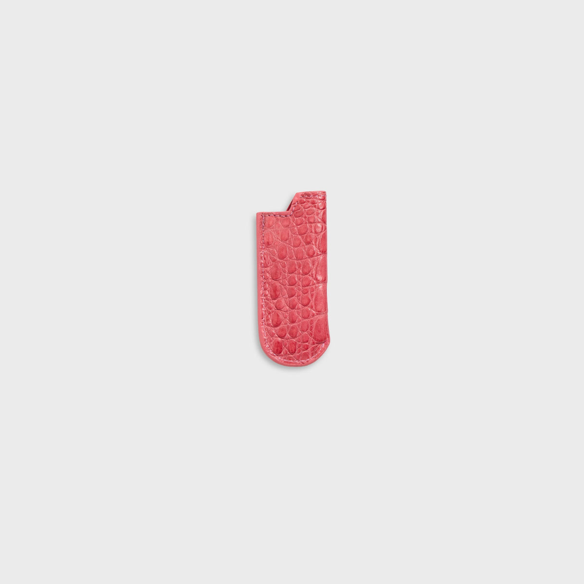 Malagon croc lighter cover in pink, alternate front view with glossy embossed leather
