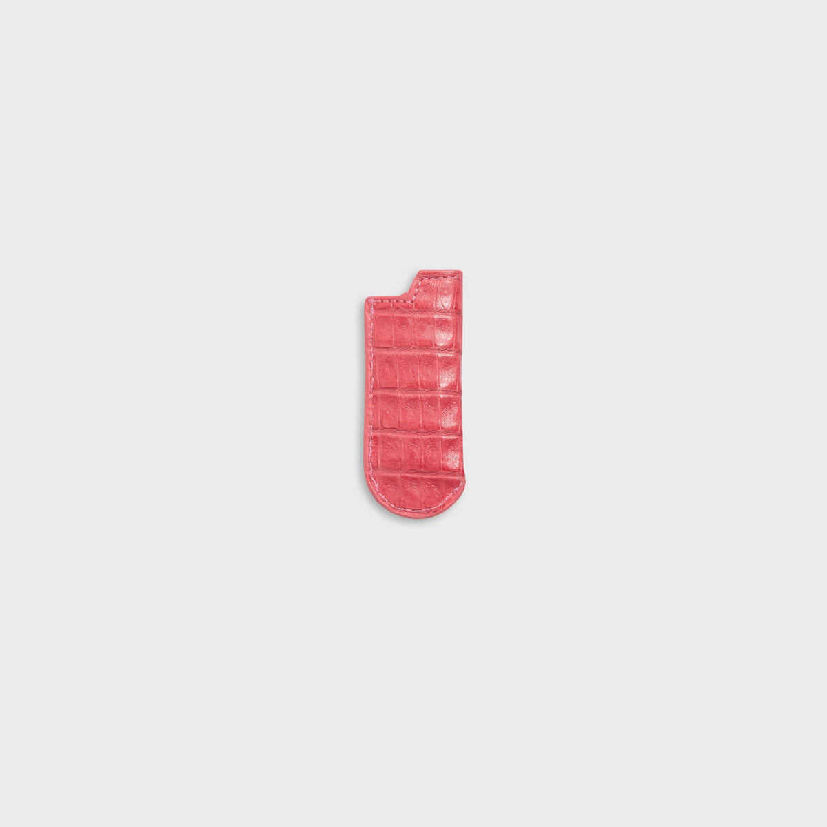 Malagon croc lighter cover in pink, alternate front view with ribbed scales and rounded base