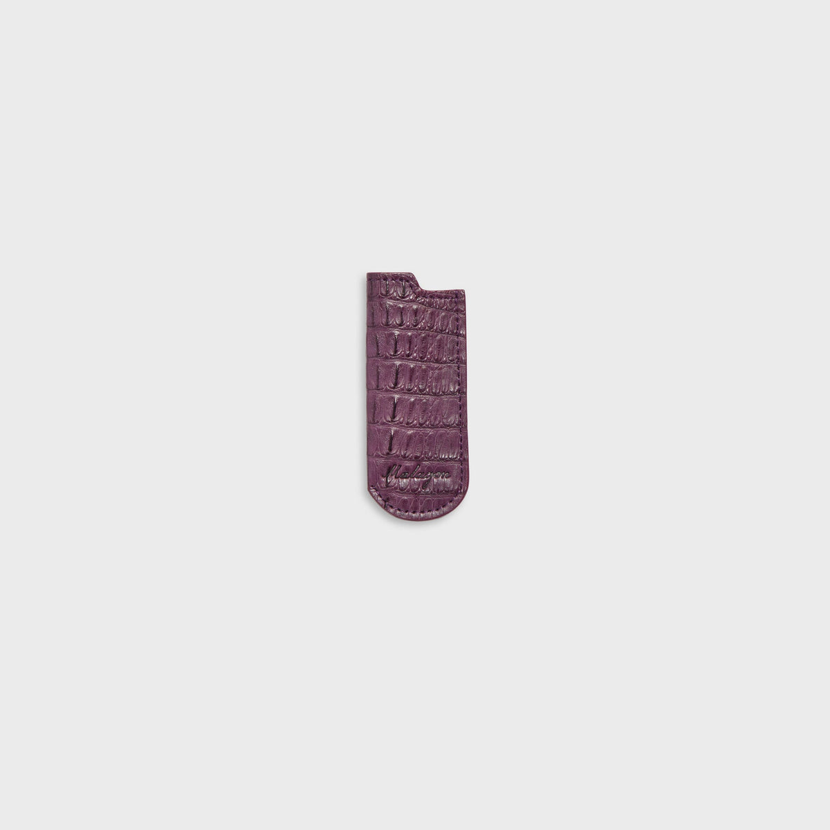Malagon croc lighter cover in deep purple, front view with horizontal croc ribs and curved base