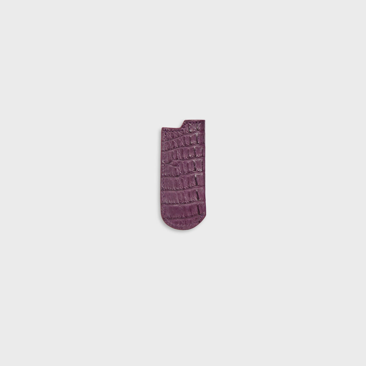 Malagon croc lighter cover in deep purple, plum croc scales with Malagon script at base