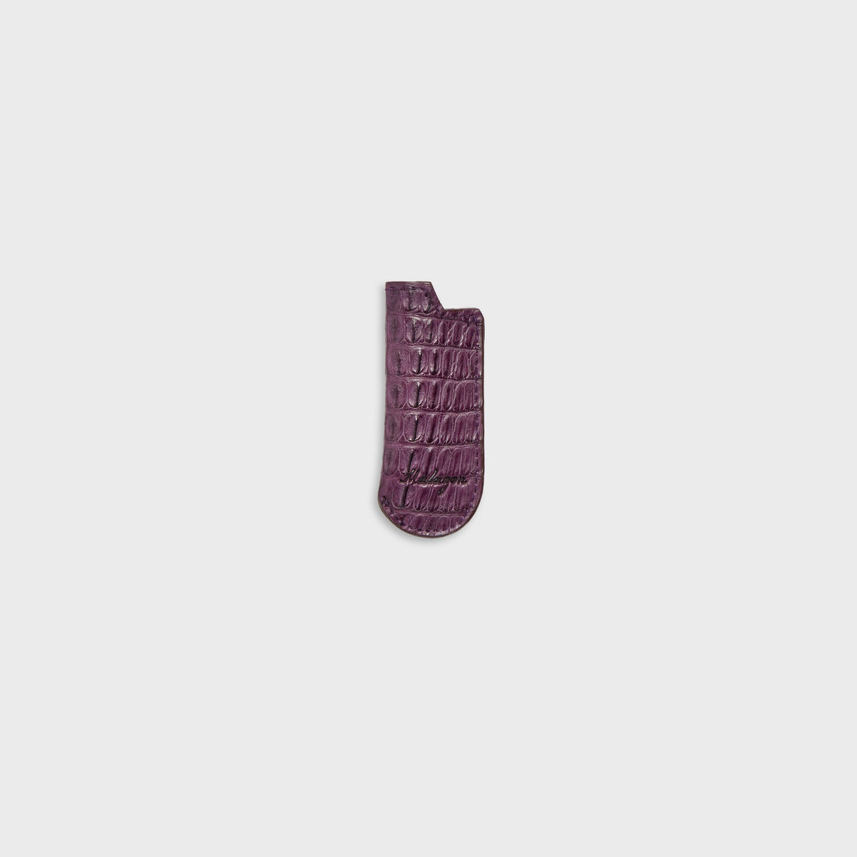 Malagon croc lighter cover in deep purple, alternate front view with deep plum embossed leather