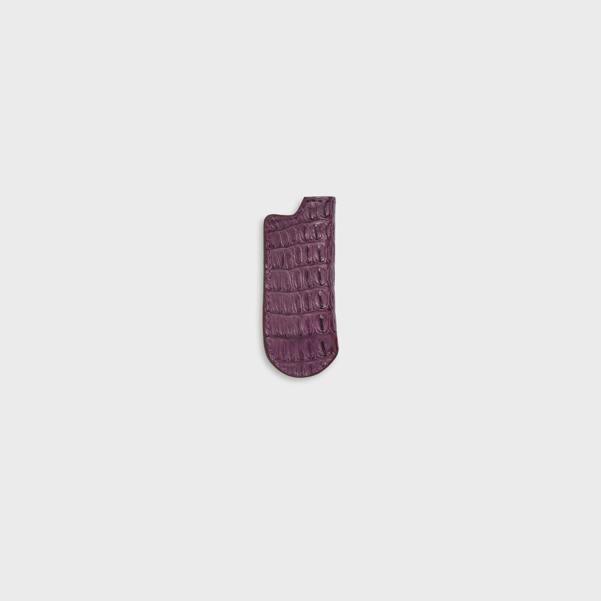 Malagon croc lighter cover in deep purple, alternate angled view with glossy croc grain