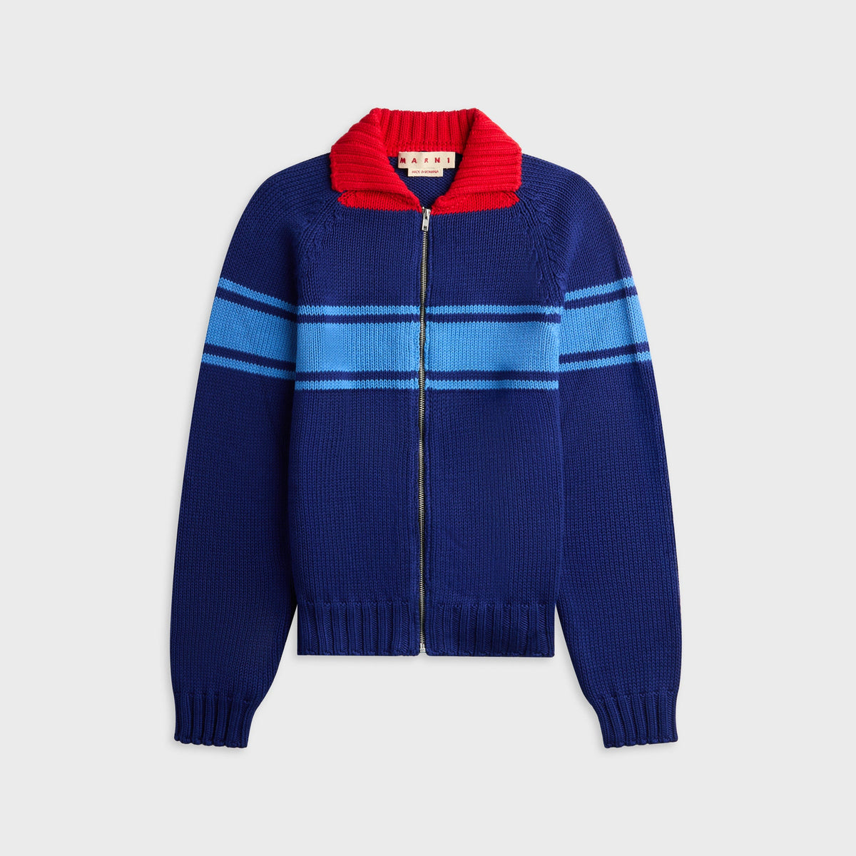 Marni Striped Zip Up Cardigan in Ocean, navy zip cardigan with light blue stripes and red collar trim, front view