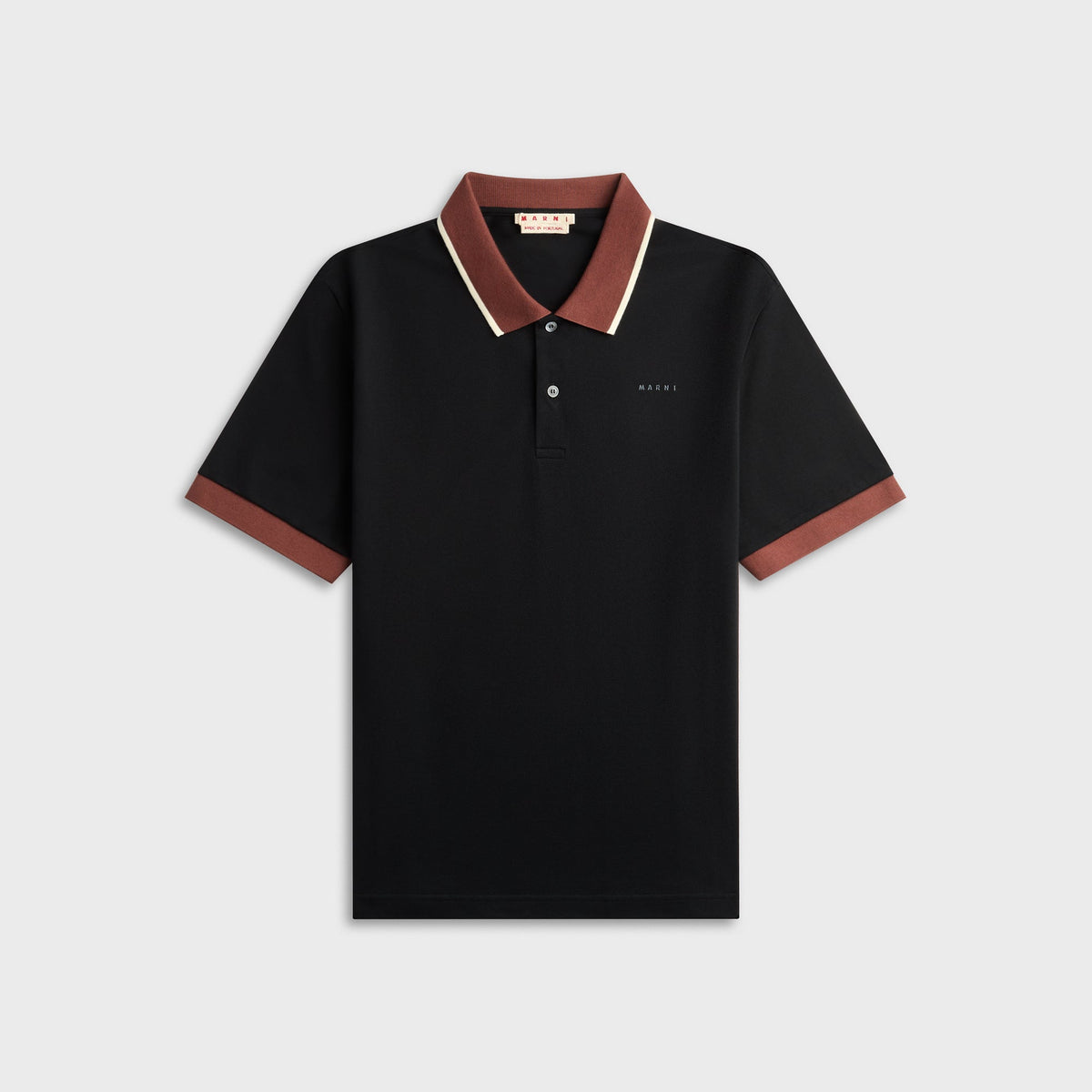 Marni Short Sleeve Slim Fit Polo Shirt in Black, black polo with burgundy and cream striped collar trim, front view