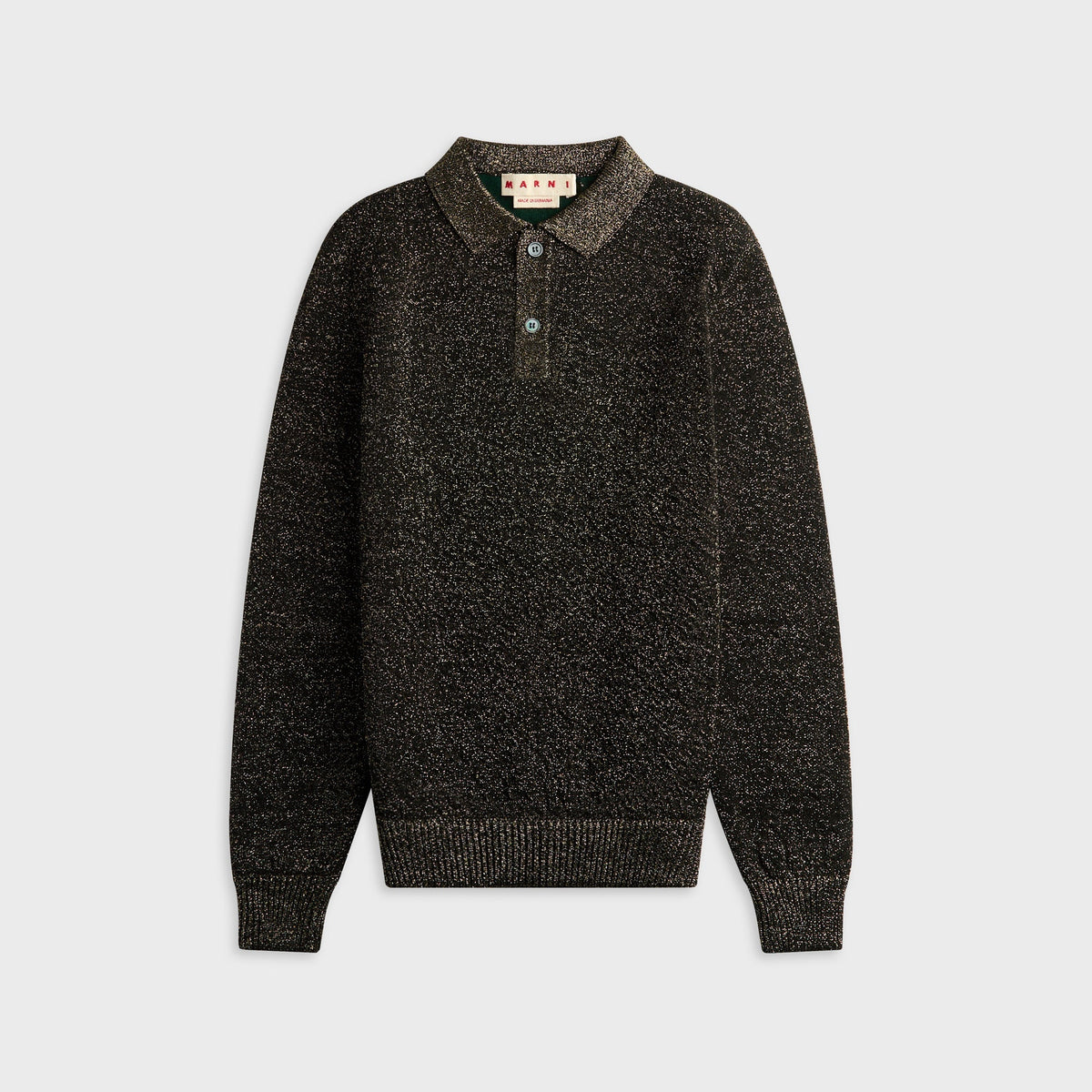 Marni Polo Neck Shirt in Black, dark speckled knit polo sweater, front view