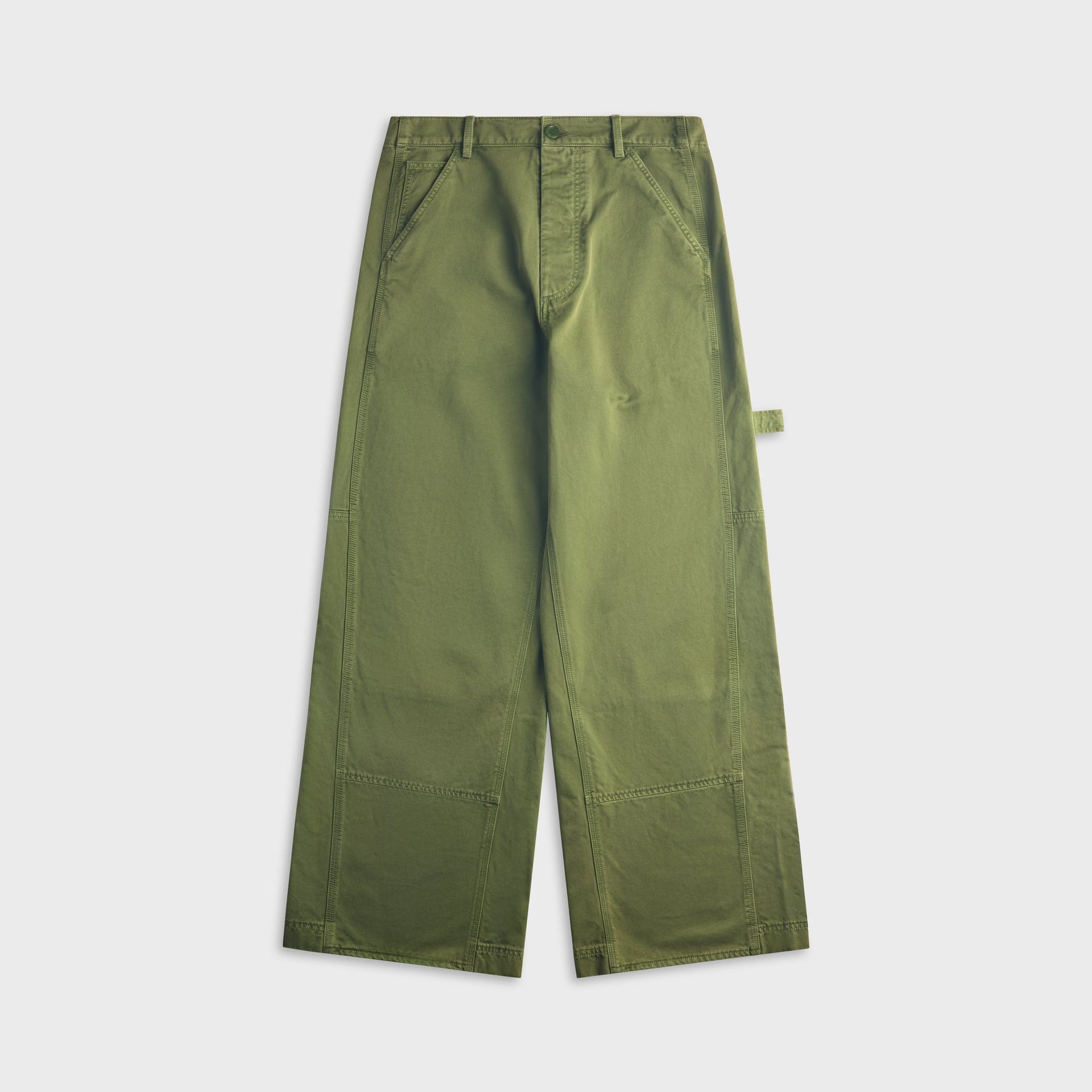 Marni garden green cotton workwear trousers, front view: loose wide-leg carpenter pants with hammer loop and tonal topstitching