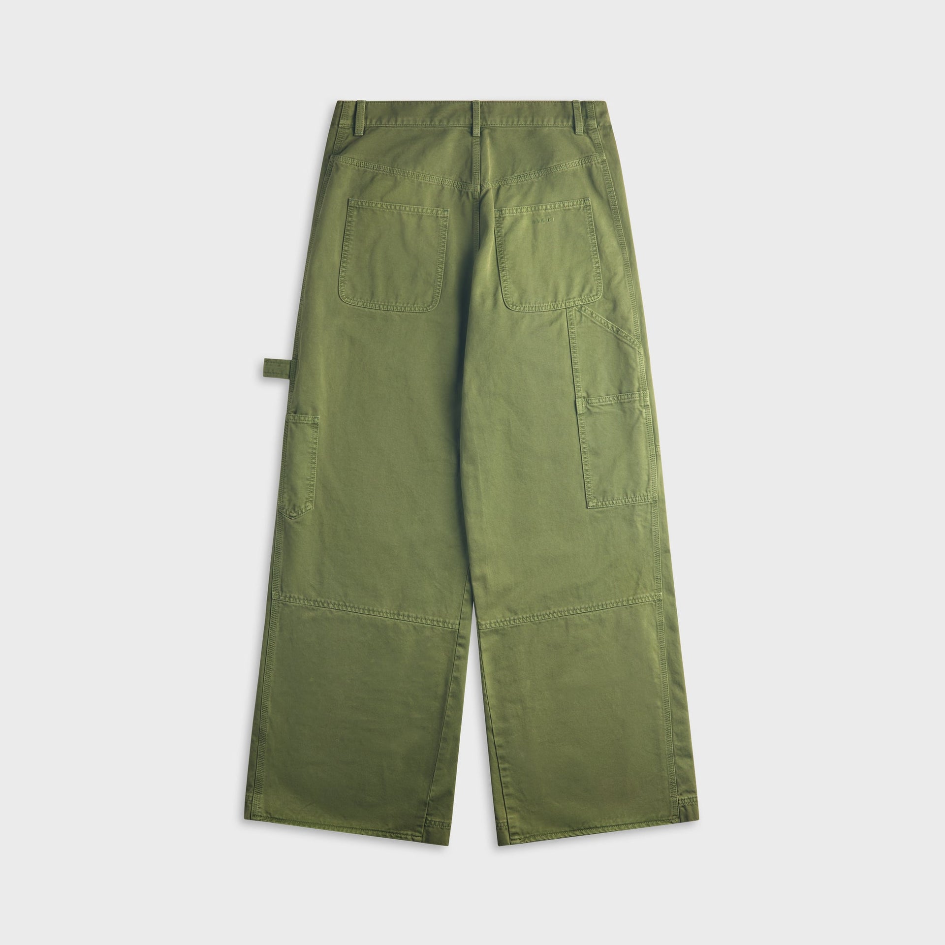 Marni garden green workwear trousers, back view: wide-leg cut with patch pockets, side hammer loop and tonal MARNI embroidery