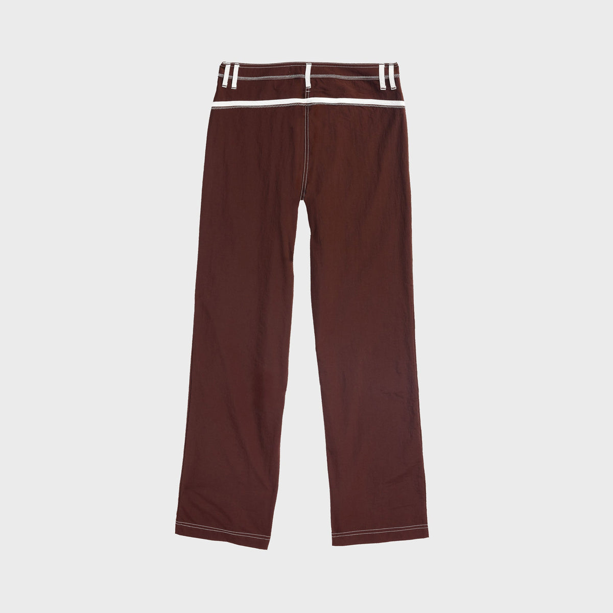 Made Some Nylon Pant in Chocolate Brown: back view of brown nylon pants with white yoke stripe and double belt loops