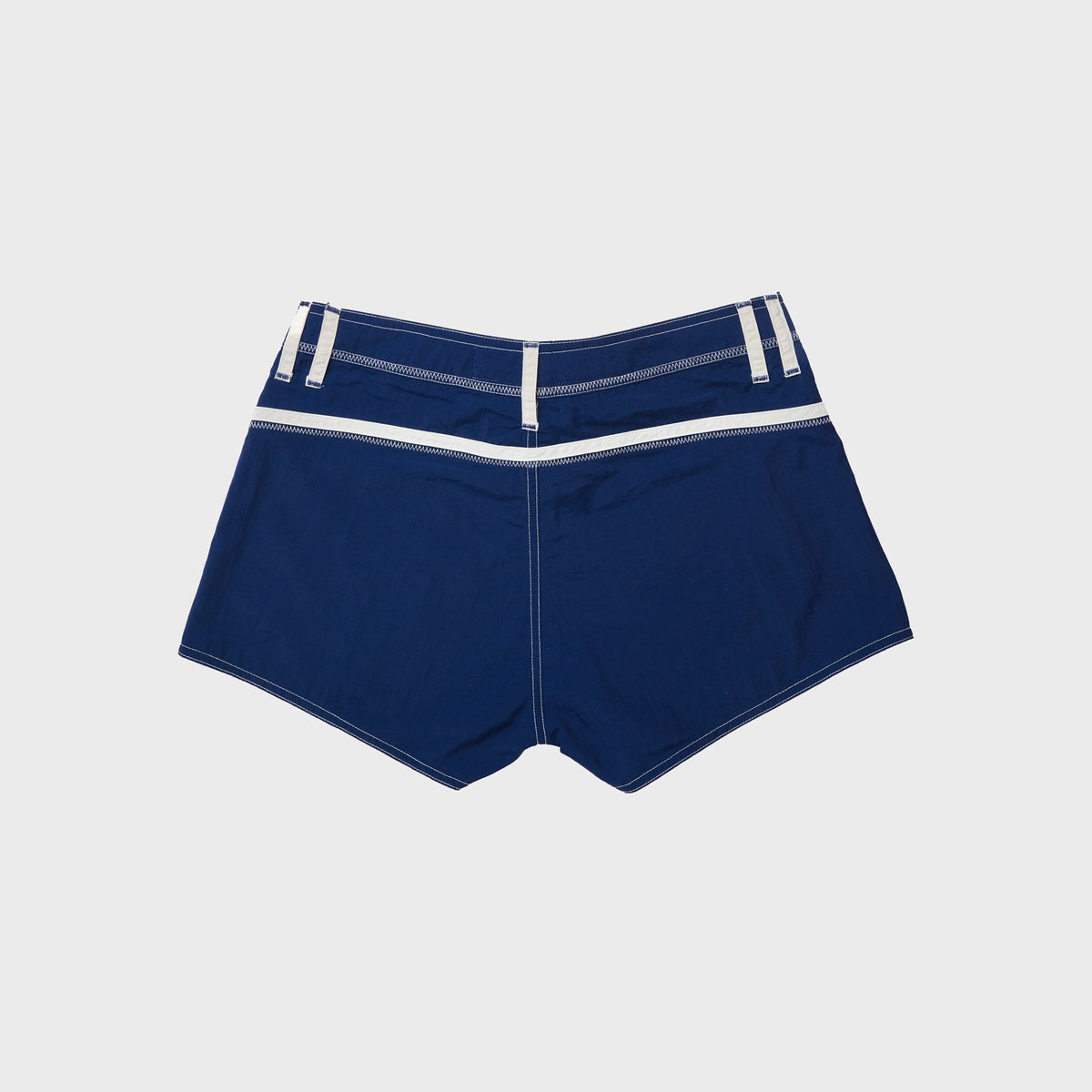 Made Some Short Shorts in Navy: back view of navy nylon shorts with white contrast yoke stripe and belt loops