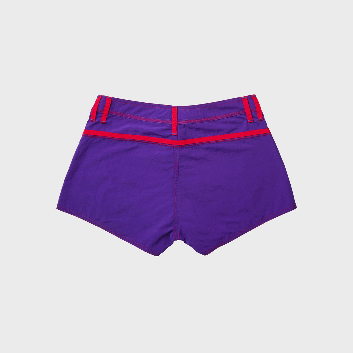 Made Some Short Shorts in Purple: back view of purple nylon shorts with red contrast yoke stripe and belt loops