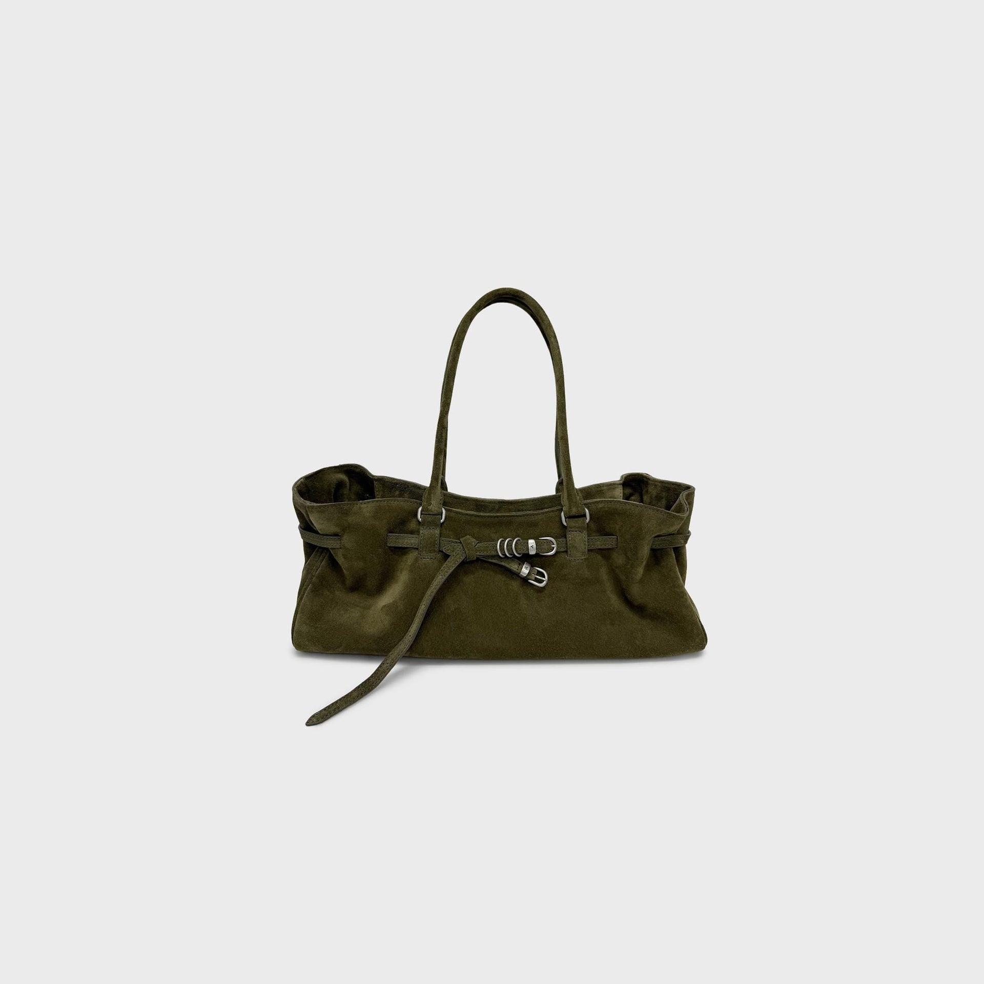 MARGESHERWOOD Soft Grandma dark olive suede shoulder bag, front view, slouchy body with twin handles and silver buckle strap