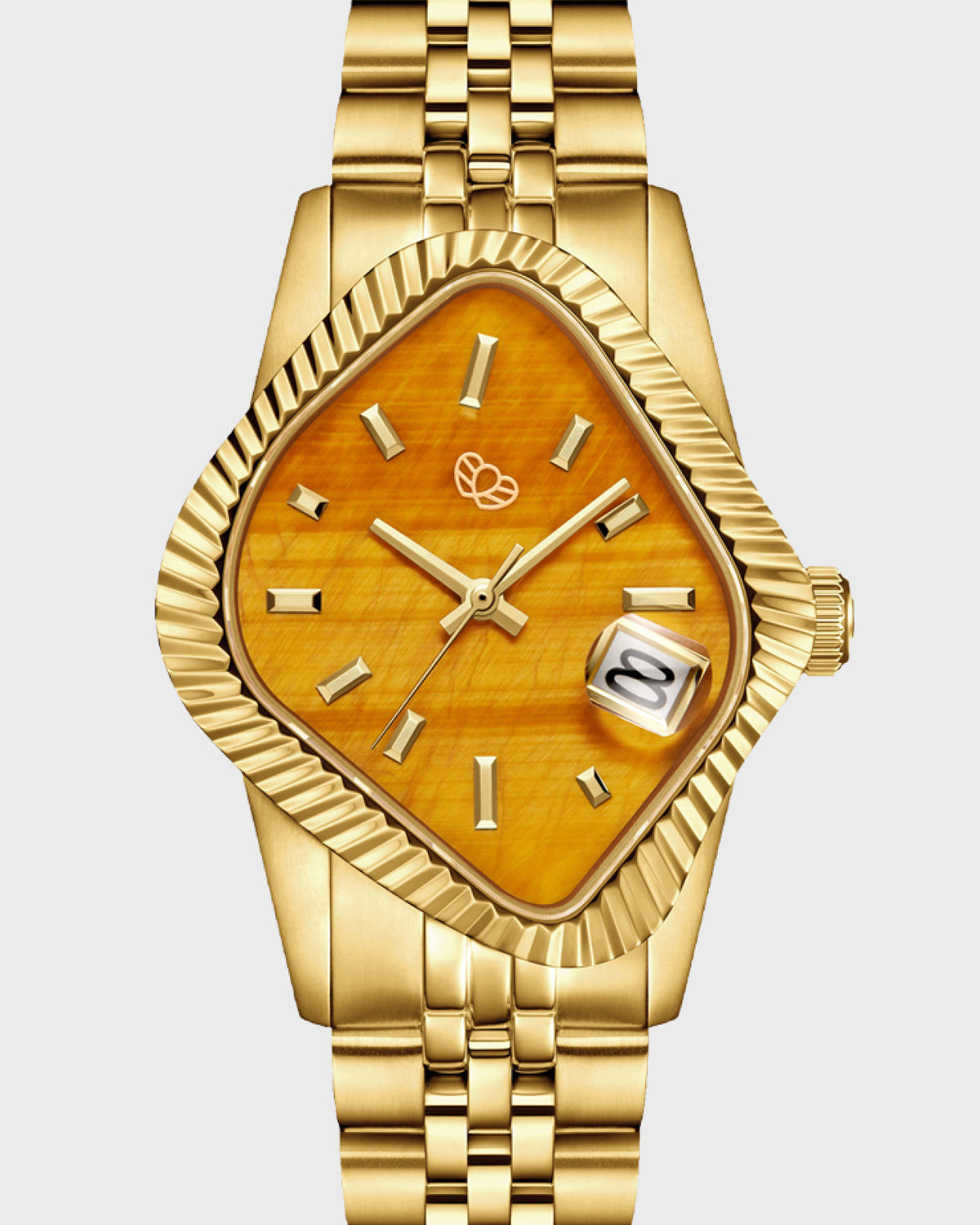 Gold-tone Laarvee watch with fluted bezel, tiger's eye style amber dial, date window at 3 o'clock and jubilee bracelet